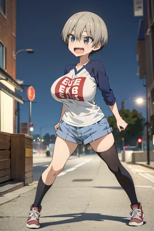 best quality, high resolution, city, tokyo,1girl, huge enormous massive gigantic big large fat breasts, 1girl,short hair,blue eyes,bangs,skin fang,grey hair,fang,hair between eyes, smile, looking at viewer, cowboy shot, croptop, mini shirts,mini skirt