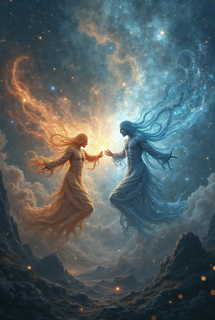 In the grandeur of the cosmos, two ancient deities, their bodies crafted from ethereal energy and light, come to a final, epic confrontation. Their forms clash, creating dazzling bursts of radiant energy that ripple through the universe, as they wield cosmic powers and unimaginable weapons. A celestial battle unfolds, with galaxies and nebulae serving as the backdrop to their magnificent, realistic and detailed struggle for dominance.