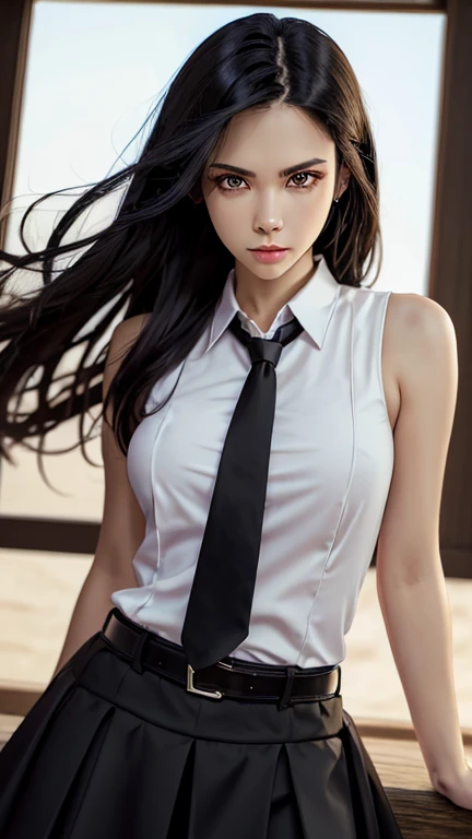 pretty, young, girl, long hair, black hair, red color eyes, bangs, white shirt, sleeveless, white collar, black tie, large breast, black gloves, black skirt, upper body, white skin, 30 year old, beauty, 1 girl, intimidating, look put hands behind head, armpits, armpits visible, school backround