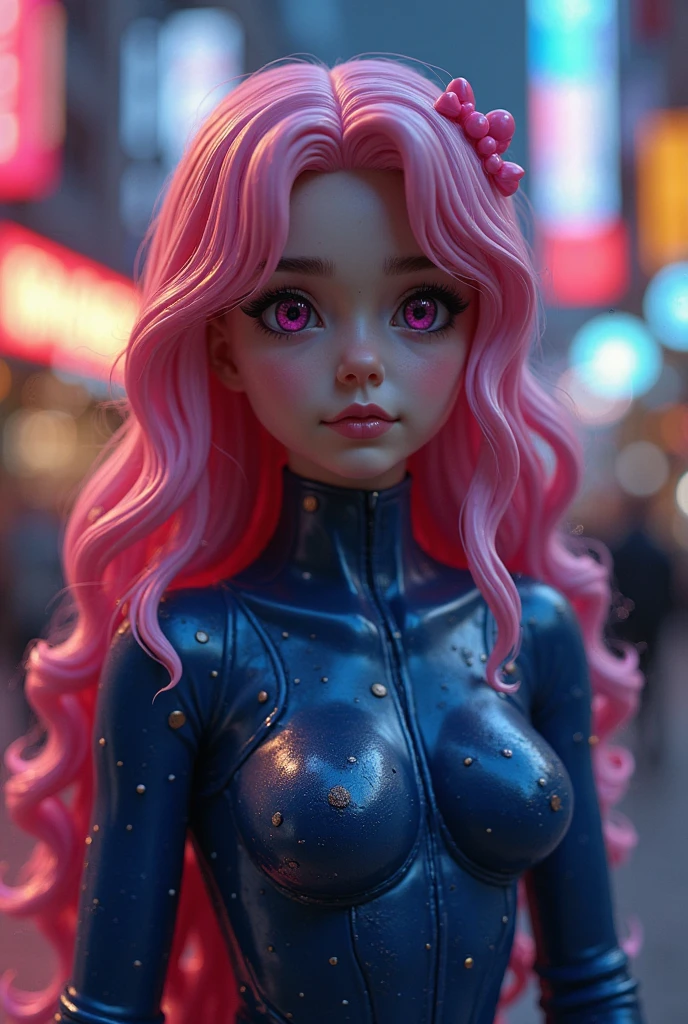 fish
1girl
bangs
blurry
blurry background
blurry foreground
breasts
brown eyes
closed mouth
depth of field
gun
long hair
looking at viewer
mecha
mole
motion blur
multicolored hair
pink hair
smile
solo
thigh strap