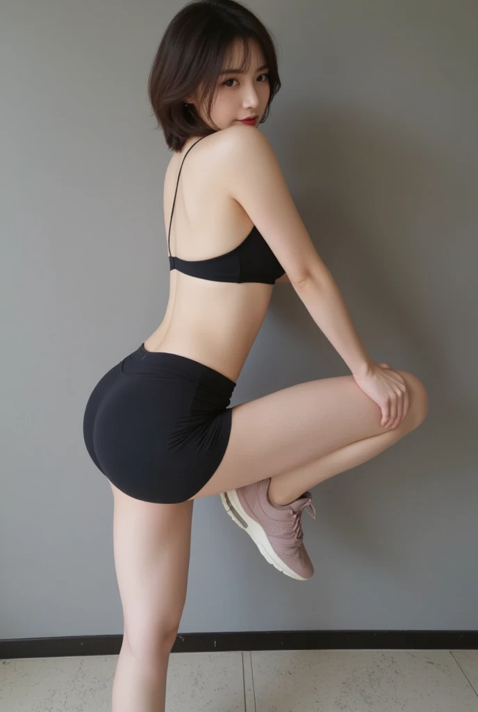 Chinese-Japanese mixed-race high heels jazz dancer model，Black clothes，Black shorts，Black extra-high heels，Black long high heel boots，Super beautiful，fit，Slim abs，long hair，Small waist，beautiful，full-body shot，Clothes are slim-fitting，Smooth lines，The curve is obvious，Long legs，slender legs，beautiful侧面曲线。Wearing a high ponytail，braid，Hands propped up on the wall，Facing the wall, holding on to the wall，Turn around and look back at the audience。Jazz dance moves，Hip Hop Decoration