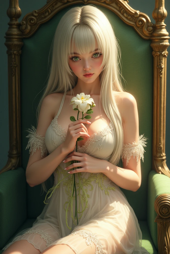 8K Original Photo, Best Quality, Masterpiece, Ultra High Resolution, Film Grain, Movie, 1girl, Look at the Viewer, Natural Skin Texture, Realistic Eyes and Face Details, Full Lips, Lipstick, (Makeup), Red Eye Shadow, Fluffy Long Hair, Messy Hair, Smile, Shut Up, Beautiful Legs, Tall Woman, Thin, slim_legs, Solo, Huge Breasts on Your Tummy, Beautiful Nature Location, Position Around Flowers, Loafers, Blurred Background, Blurred, Holding, Hair Covering Breasts , jk ribbon at neck, jk ribbon, white hair, bracelet, water, bangs, jewelry, parted lips, lips, from side, depth of field,