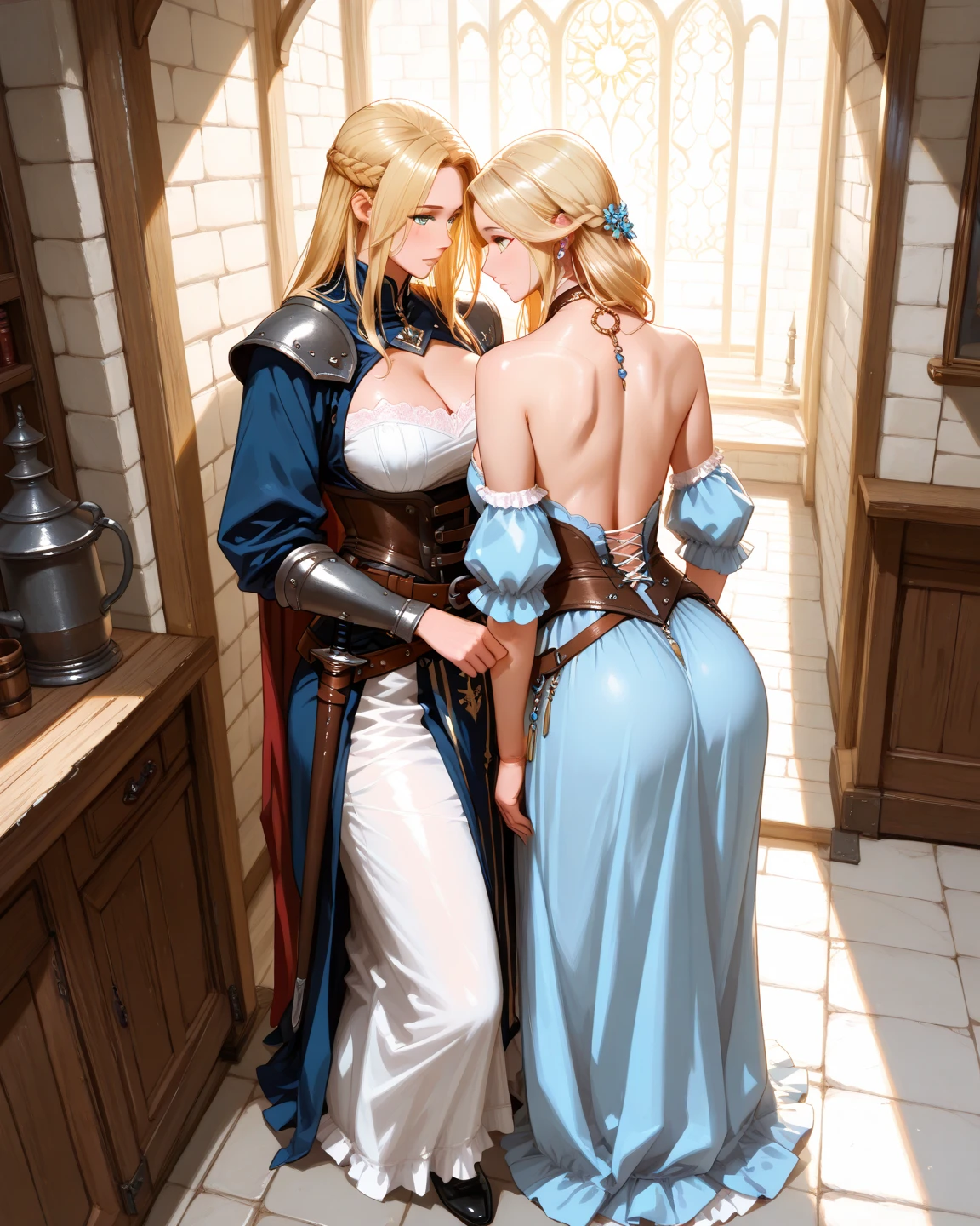 anime scene, 2 girls kissing (lesbian kissing), princess Zelda, one girl long hair, other girl short hair, blonde hair, soaking wet, hugging, touching each other, big breasts, big butt, revealing pink dress, side slit, open cleavage, in pool, submerged in water, sunset view, rainstorm, soaking wet