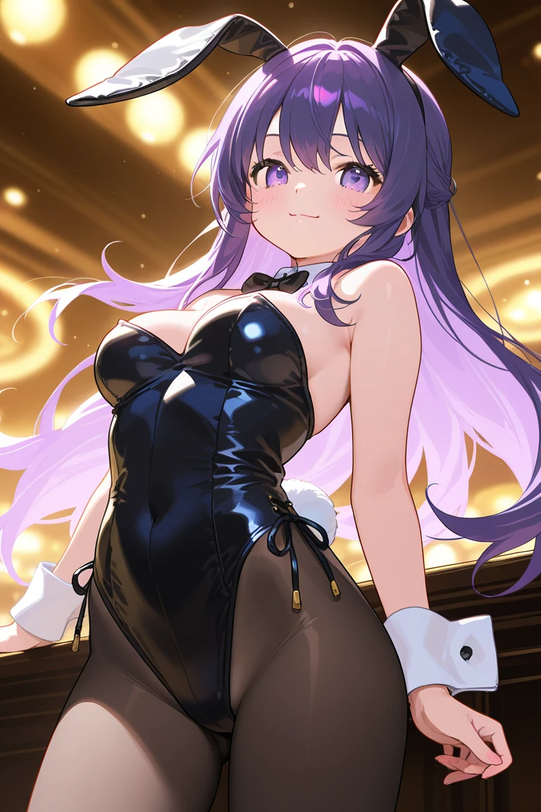 1girl in, Playboy Bunny, Solo, Animal ears, Rabbit ears, high-heels, Long hair, pantyhose, tail, Very long hair, Wrist cuffs, Rabbit tail, Leotard, Large breasts, cleavage, neck tie, fish net, Fake animal ears, Bedroom, Detached collar, bent over, Leotard, Full body, black necktie, strapless leotard, Blanc \(nikke\)