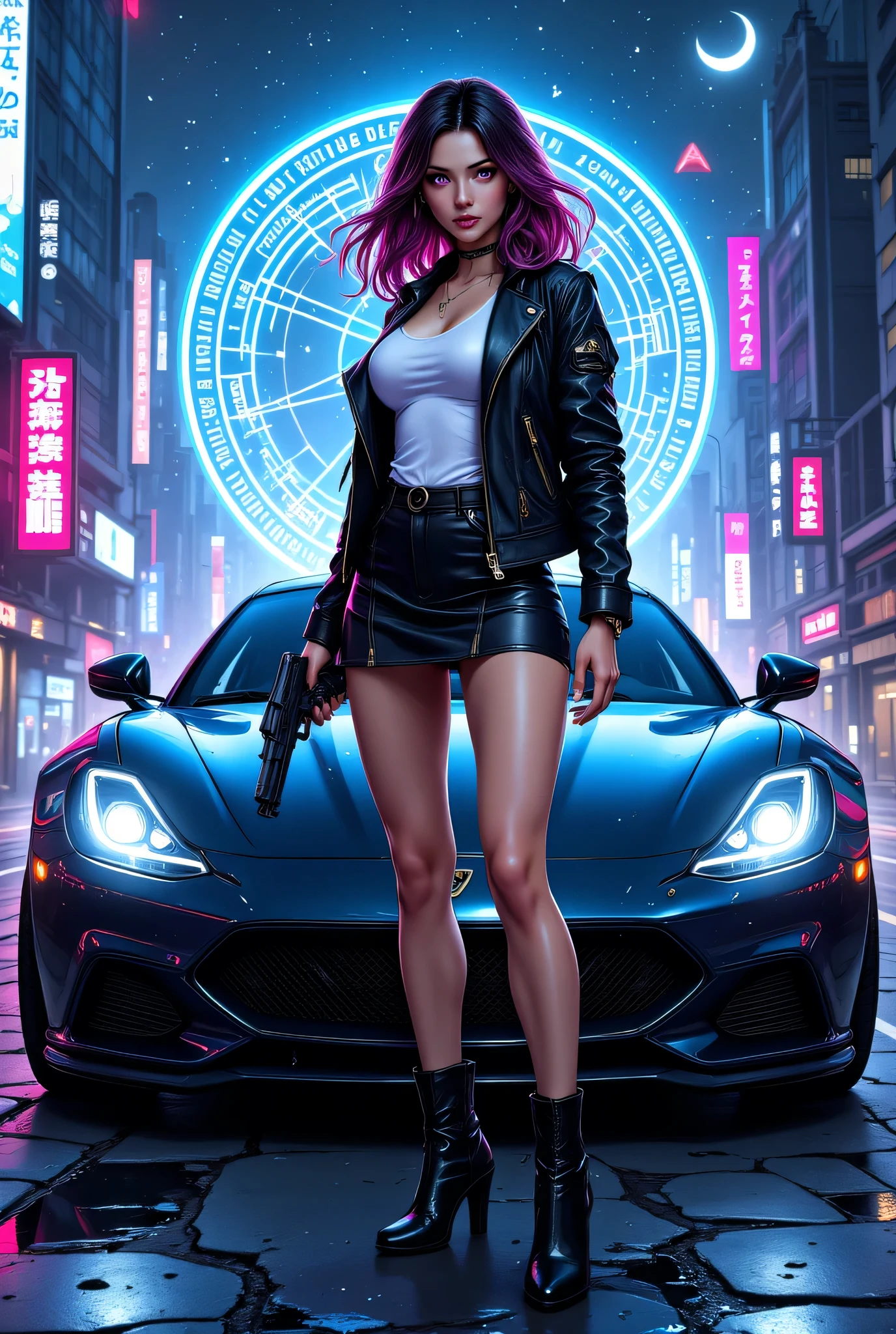 an anime portrait of a beautiful woman ready for battle, she is standing near her sports car, a mature woman, ((full body)), (ultra detailed face: 1.2), looking tense, looking dangerous, dynamic eye color, dynamic hair color, dynamic hair style dynamic skin complexion, holding a gun, wearing intricate leather leather jacket, white T shirt, small cleavage, skirt, wearing high heeled boots, BREAK standing near her car, ready to battle car, slick car, vibrant, Ultra-high resolution, High Contrast, (masterpiece:1.5), highest quality, Best aesthetics), best details, best quality, highres, 16k, (ultra detailed: 1.5), masterpiece, best quality, (extremely detailed) RAW, (ultra details, Masterpiece, best quality), Intense gaze , GlowingRunesAI_pink, faize, Celestial Fantasy, zavy-ctcmcs, w1n, hyp3rd3tail style