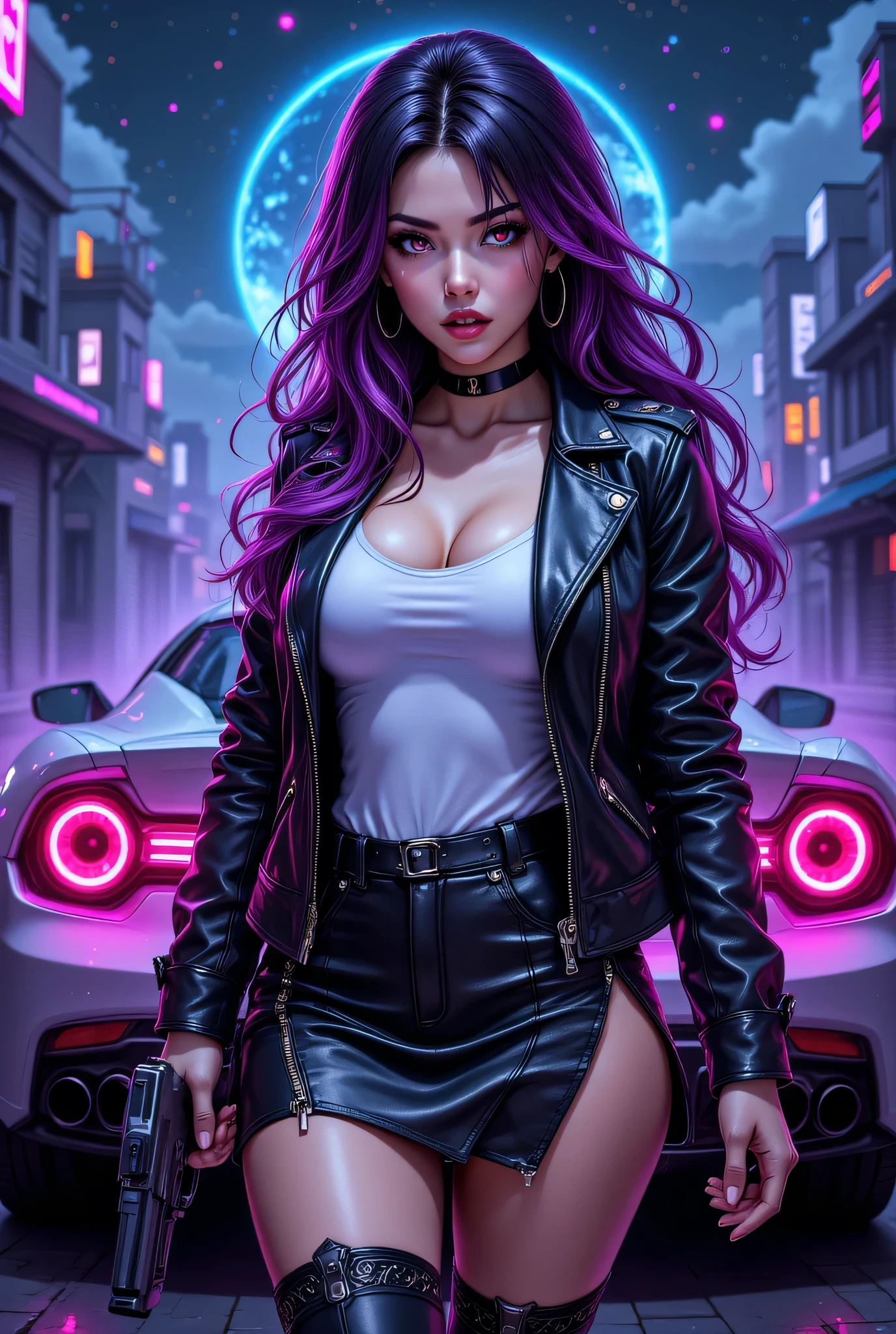 an anime portrait of a beautiful woman ready for battle, she is standing near her sports car, a mature woman, ((full body)), (ultra detailed face: 1.2), looking tense, looking dangerous, dynamic eye color, dynamic hair color, dynamic hair style dynamic skin complexion, holding a gun, wearing intricate leather leather jacket, white T shirt, small cleavage, skirt, wearing high heeled boots, BREAK standing near her car, ready to battle car, slick car, vibrant, Ultra-high resolution, High Contrast, (masterpiece:1.5), highest quality, Best aesthetics), best details, best quality, highres, 16k, (ultra detailed: 1.5), masterpiece, best quality, (extremely detailed) RAW, (ultra details, Masterpiece, best quality), Intense gaze , GlowingRunesAI_pink, faize, Celestial Fantasy, zavy-ctcmcs, w1n, hyp3rd3tail style