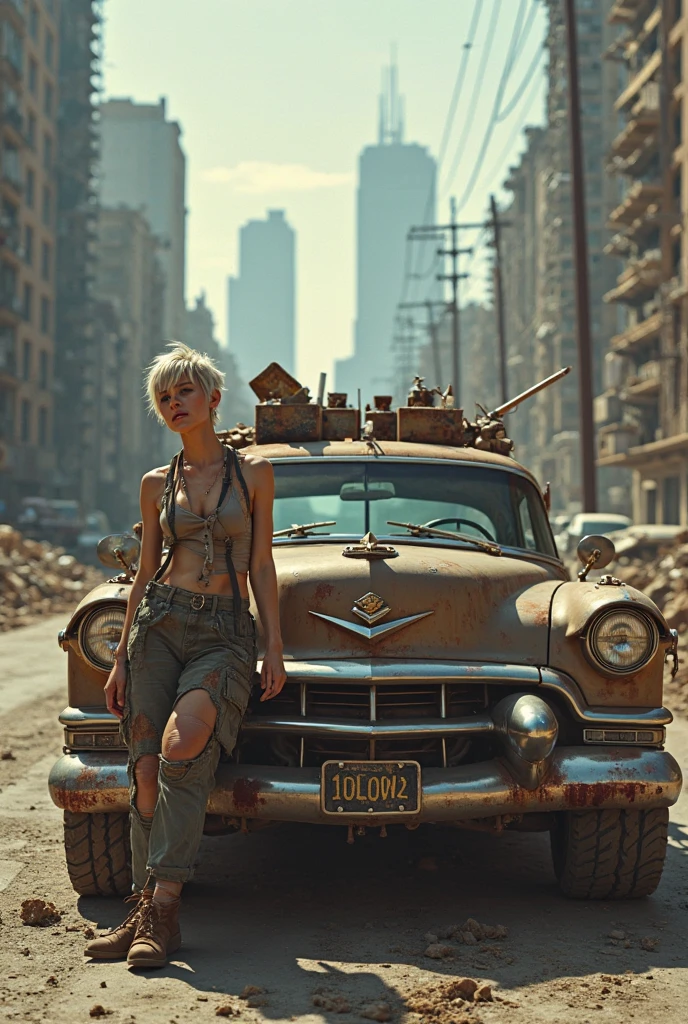 Marilyn Monroe, in her iconic scene, where her dress billows up from a gust of wind, stands defiantly amidst a post-apocalyptic landscape reminiscent of “The Walking Dead”, the decaying buildings, abandoned vehicles, and desolate streets amplify the sense of danger and despair, captured in a cinematic style, with dramatic lighting, intense shadows, and a wide-angle lens to convey the vastness of the apocalyptic world