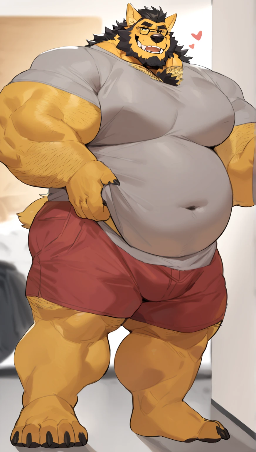 Anthro dragon with red fur and a beige underbelly, white mane, very big and thick white beard, old, chest hair, orange eyes, black horns and claws, large, not muscular, overweight, chubby, fat, navel, big belly, belly, giant belly, bloated belly, bulging belly, vore, gurgling belly, digesting, green gurgle lines around belly. Lazy, dad, daddy, dilf, bara, adult, aroused. Standing up, holding belly, smirking, looking down at POV. Wearing white tank top, black underwear with bulge, glasses, dragon tail. Night time, midnight, cozy lights, apartment, lofi. Upward composition.