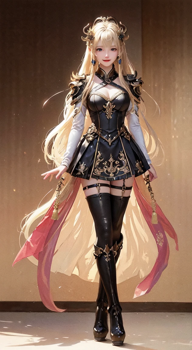 ((full-length photo, standing, feet on the ground)) 1girl in, ager, Solo, Aesthetic artwork, blond, straight blonde hair, super long blonde hair, light blue eyes, some small freckles, pale skin, A-cup, (large fox ears:1.25), small breasts, runners body, (thin hips, thin waist: 1.25), detailed skin, shy smile, wearing a steampunk outfit with lace, leather corset, ornamental copper parts, portrait, pleated skirt, 50mm, 8k textures, soft cinematic light, RAW intricate, elegant, highly detailed, sharp focus, ((((cinematic look)))), soothing tones, insane details, intricate details, hyperdetailed, low contrast, soft cinematic light, dim colors, exposure blend, hdr, faded
