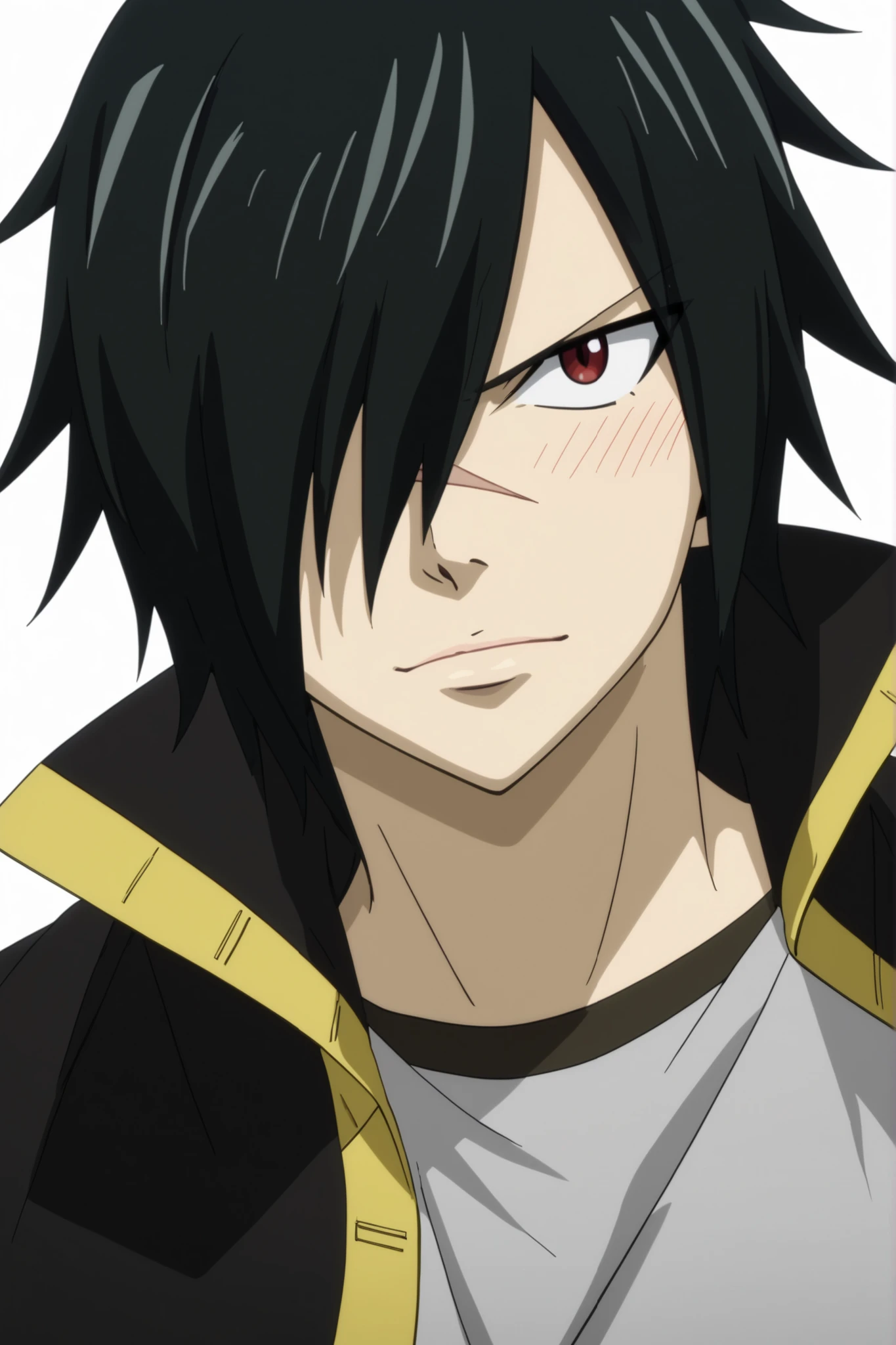 rogue_cheney, Rogue Cheney, black hair, red eyes, hair over one eye, scar tattoo close-up, official style, anime screencap, 8K, extremely detailed, 1boy, solo, tsundere expression, blushing, shy smile, closed mouth, anime style, highly detailed, saturated colors, cel shading, fairy tail anime style, casual outfit, crocus background