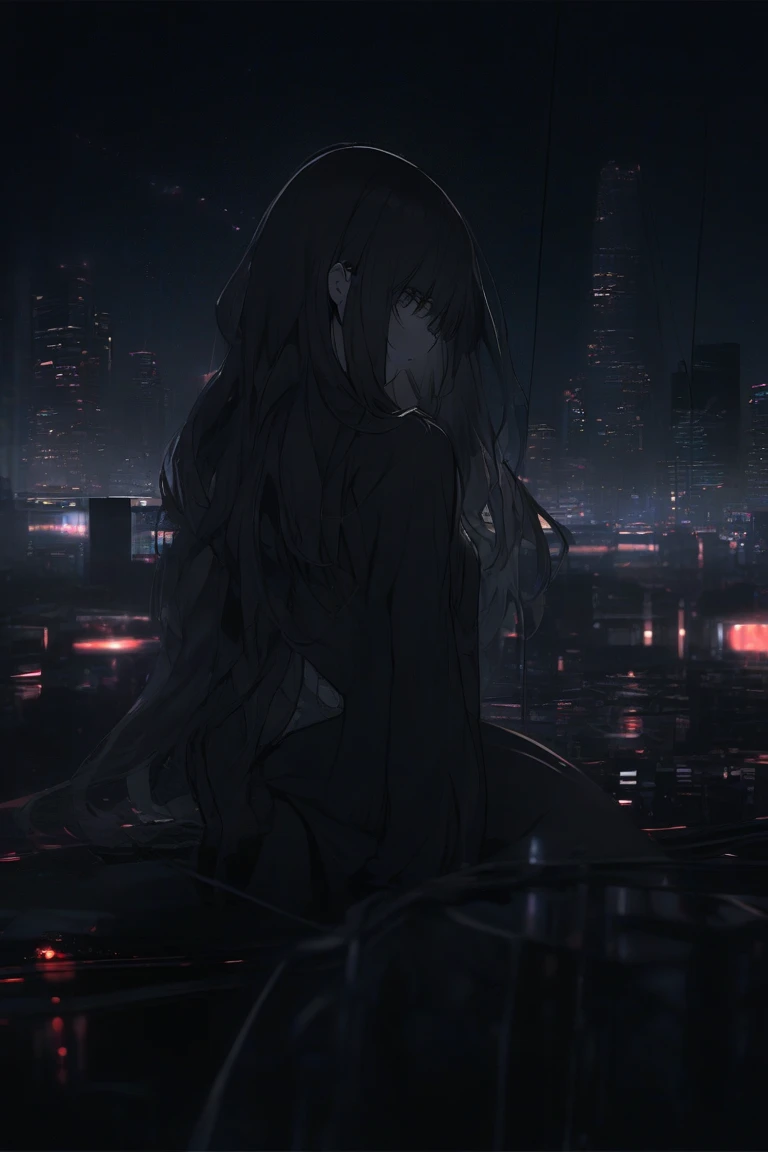 solo, female, holographic woman being projected, floating over high tech pedestal, bored expression, ((blue and black static)), dark blue skin, static skin, knee up, hugging knee, lonely, long hair, blue hair, ethereal hair, sfw, dark, isolated, basement, (((black and blue static skin))), surrounded by shadows