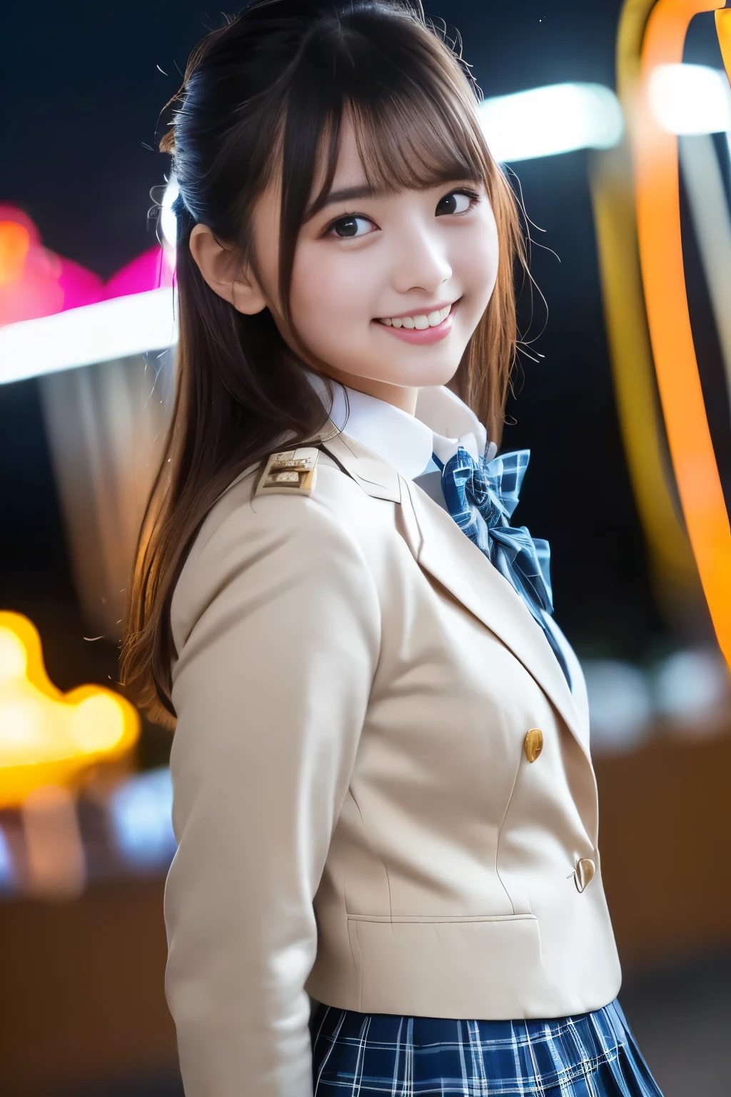 (Highest Quality、masterpiece、super quality、Super accurate 、UHD、Ultra High Definition:1.2)、(16k、photorealistic、as real as pictured、 RAW photos 、f/2.8:1.uper realistic details、High Details、very detailed、Highest Qualityの影、depth of field、ray tracing:1.2)、(Baby Face、Pretty Girl High School Student、20 years old:1.uper cute face、One Nogizaka girl:1.3)、(Figure looking down、full body、Professional cinematography、super low angle:1.agitales、double eyelids、beautiful, clear, dark eyes)、(natural makeup、crystal pendant for acting)、(big smile、happy:1.hort brown hair、bungs、流したbungs:1.2)、(perfect anatomy、完璧な比率、Beautifully detailed body、Beautifully detailed hands and fingers、Beautifully detailed legs、 white skin、very detailedな肌と顔の質感:1.2)、(JK white shirt、 JK Plaid Pleated Skirt:1.4)、(JK navy blue blazer uniform、Female High School Student Uniforms:1.4)、(Amusement park at night、fantastic、Mysterious、Night Scenery、starry sky:1.5)、(Low angle shot of a female high school student looking at the camera with a medium waist:1.4)、( beautiful Korean girl 、 movie-like lighting、Professional Lighting)