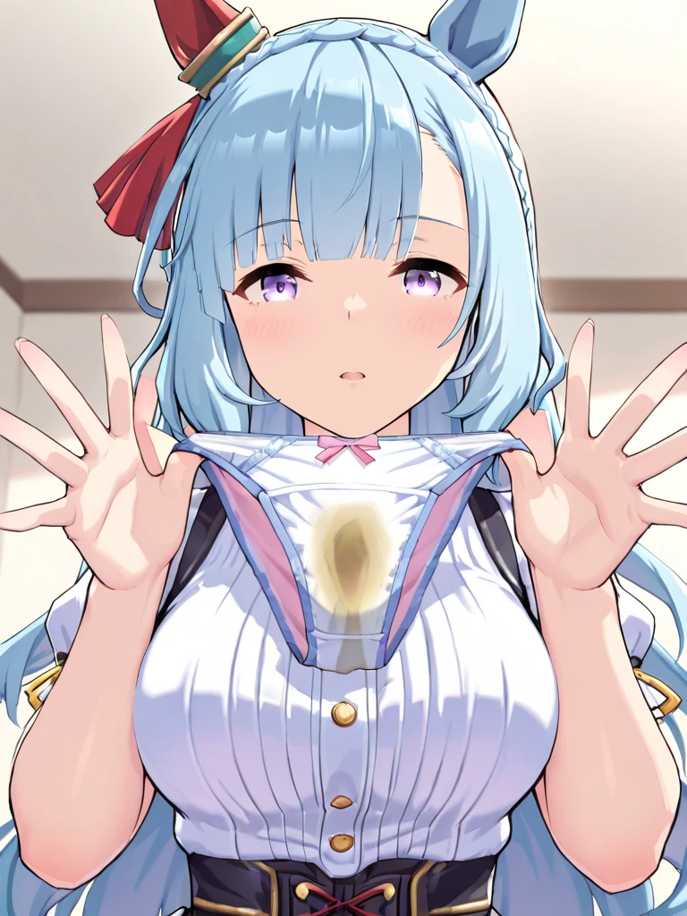 1girl in, masutepiece, Best Quality,selfee,Troubled face,Nikkeadomi, Standing, Solo, Pleated skirt, white longcoat, Plaid, Hair Ornament, bowtie, Sweater Vest, blush, White jacket, grey sweater, yellow bowtie, Small breasts, backpack, White socks, Long sleeves,((solo girl)),nsfw,(POV),pressing lips together,kissing mouth,sweaty saliva,front view,lustrous lips,face up,((half Open eyes)),have a runny nose,Sweaty and blushing body, open arms forward,hug,open mouth,tongue out,love hotel room background, saliva, sweat,pov, Looking at Viewer,saliva, sweat,incoming hug, incoming kiss,(open arms),Sweaty body,