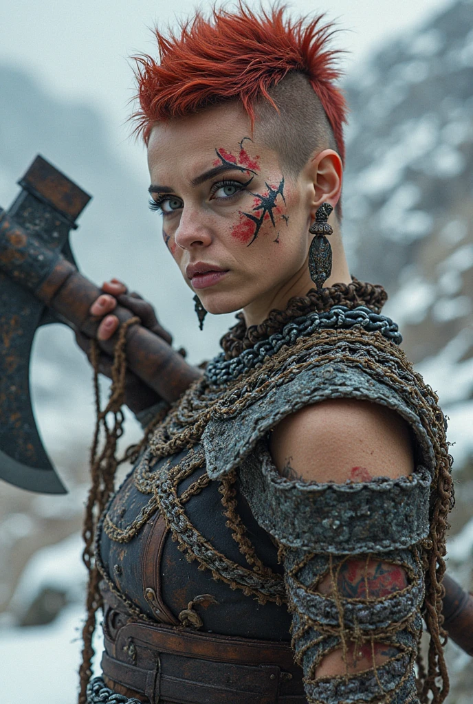 greek, human, female, white hair, angry face, holding two spear, no armor, clothes on, mohawk hair, tattoo