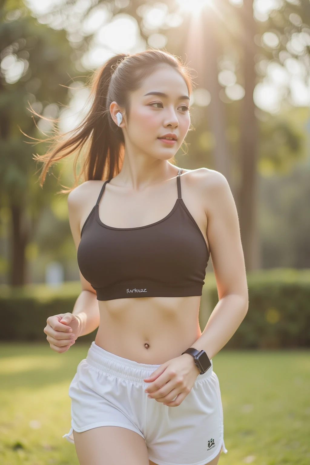 Pretty girl with neon music headphones running through the park
