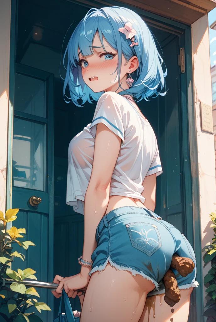 (masterpiece, best quality:1.2), (simple background: 1.5), (simplistic background), cowboy shot, solo, 1girl, kawashiro nitori, smile, looking at viewer, two side up, blue hair, (short hair), (short twintails), hair bobbles, hair ornament, green headwear, hat, (black tank top), (denim shorts), tight shorts, looking at viewer, smirk, from behind, butt, wide hips, butt, large butt, huge ass, large behind, large rear, suggestive