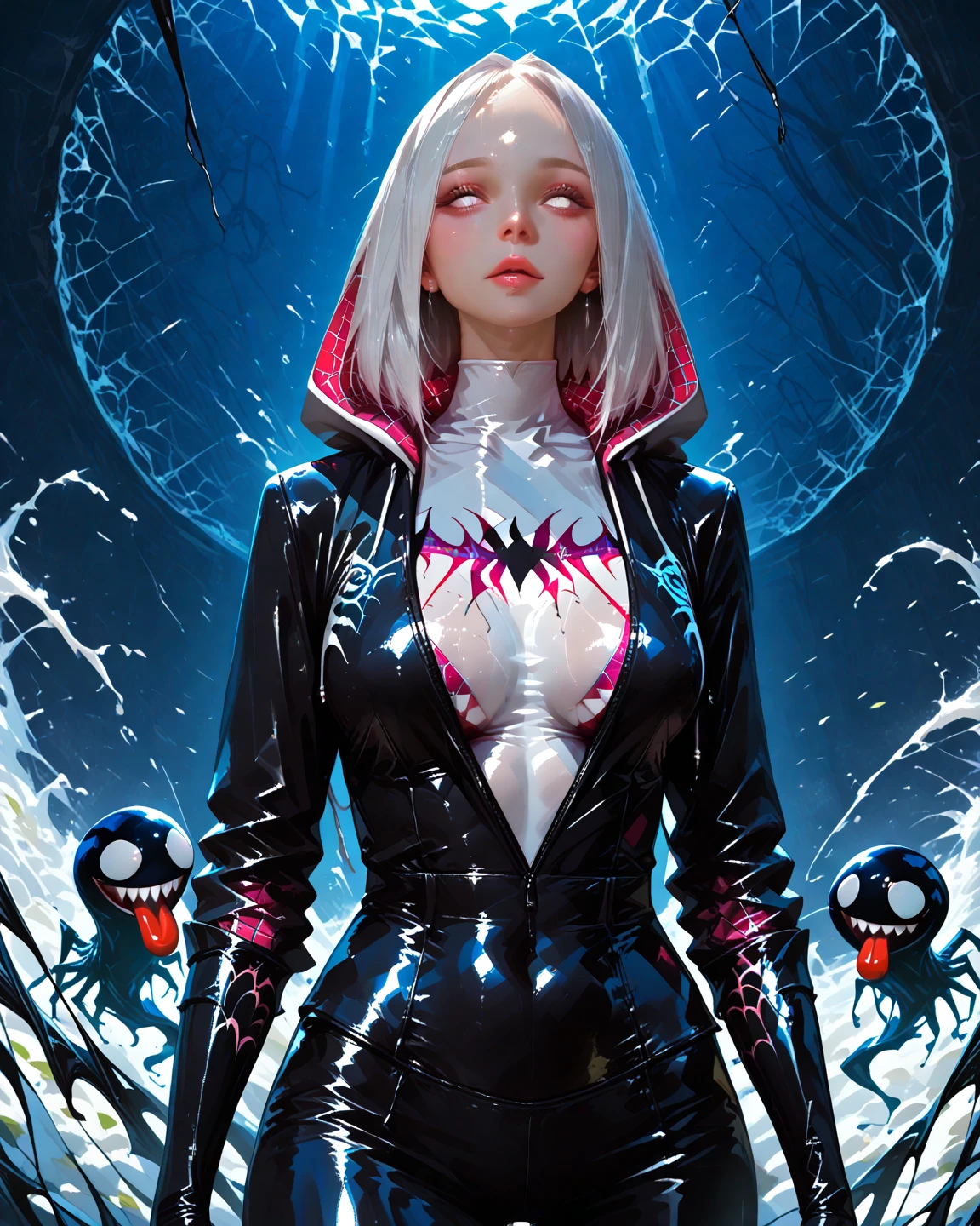Solo, 1girl, (ThePit Bimbo:1.2), white hair styled in loose waves, black dress, Elvira dress, cleavage focus, dark makeup, spider web background, 8k, high definition, huge resolution, (huge lips:1.2), moody lighting, glowing skin, nipple definition, blue eyes, eyelashes, high cheekbones, bubble butt, narrow waist, wide hips, huge breasts, breast enhancements, sexual expression,