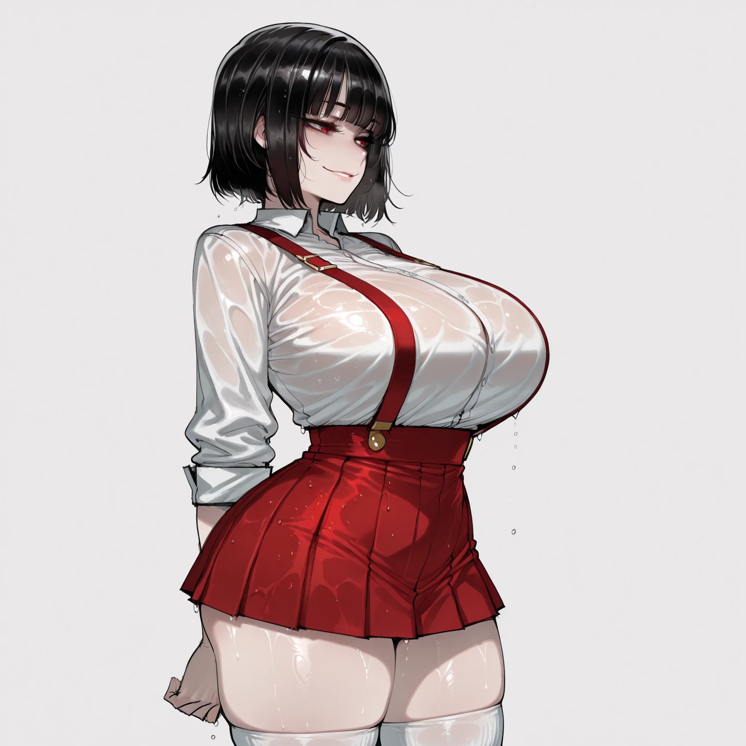 An attractive sexy woman with a big breast, short black hair, her brown eye, is dressed in a button-down blouse tied with a navel and a long red skirt with black heels. 