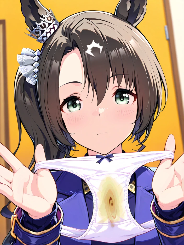 futaba,1girl,solo, brown hair, hairband, purple eyes, blush,looking at viewer, closed mouth, bangs, dress, green hairband,dress,twintails, white background, sitting, knees up, (futanari:1.7), (penis:1.35), (nipples:1.47), cute, (loli:1.6), (ejaculation:1.3), (masturbating:1.3), cum