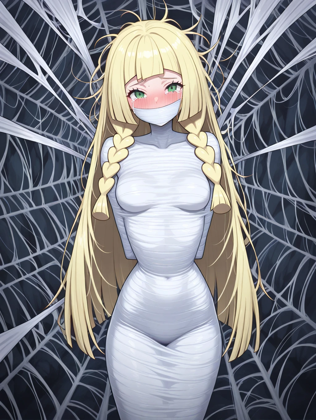 (Shibari, hands behind the back:1.4), (hands behind the back), half body photo, A detailed face, Clear face, Beautiful Girl, Korean Makeup, Red lips, Platinum Hair, Normal body shape, Big breasts, Thigh, Wear a shirt, Short pencil skirt, White outfit, tie, Tied with red wire, Red wire, Neck Binding, Tying hands, Tie around the body, Interlaced Bonds, Multiple wires,Tether creates an overall look around the body, Kneel in the middle of a stream, In the forest,