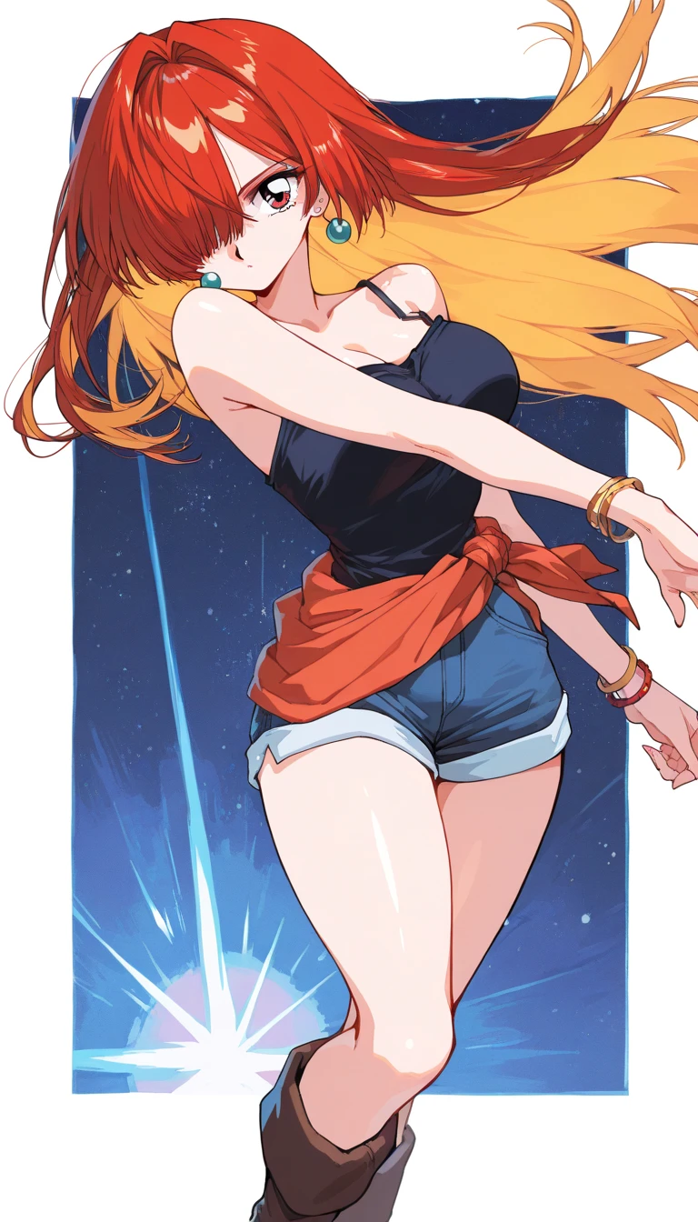 (beautiful girl : 1.3),1 girl,(camisole,bracelets,earrings,boots),Gradation Hair,long hair,Hair Over One Eye,no expression, cubism background, Starry Night Sky, Skyscrapers ,Martial arts poses,active,dynamic angle,(90s anime style,retro color grading,Soft noise,light film grain),masterpiece,Highest Quality,high image quality,8k,High Definition CG Unit Wallpaper,texture,unbelievably absurd, RAW photos ,deep border 1 .2,very detailed
