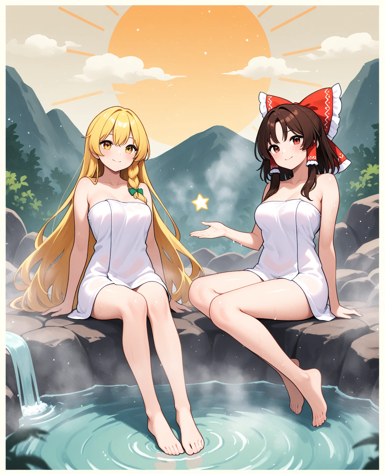 Woman-rabbit hybrid, with white hair and pink eyes, wearing a pink swimsuit, with a niece, in an oriental setting
