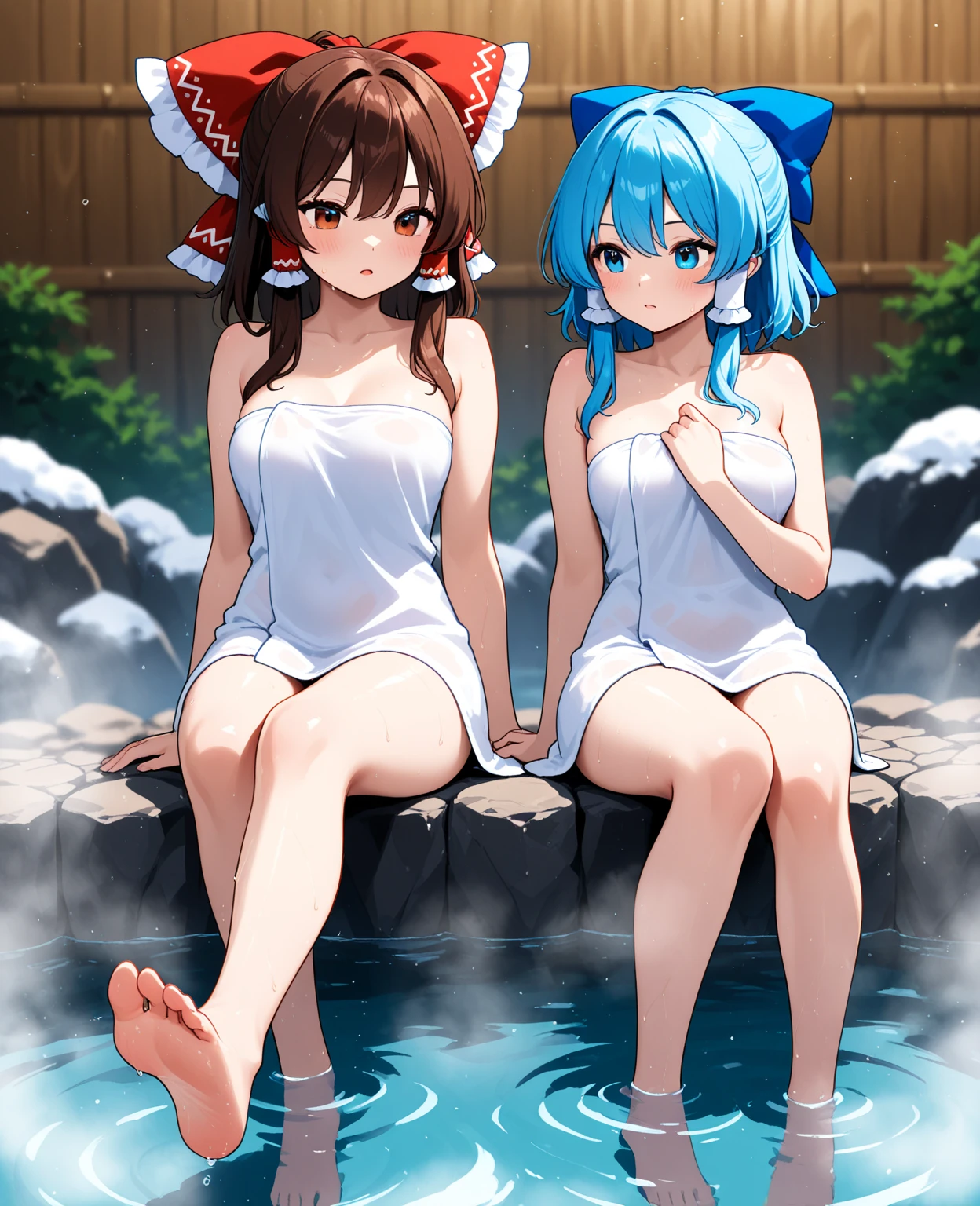 Masterpiece, highest quality, high resolution background, bright and beautiful atmosphere, 3 girls (2 years old, 1 short-tempered round face), 1 (hair, surface effects), small breasts, sitting in the sauna, wrapped in a towel Girls, a red-faced mini-pig in pain, a rolling mini-pig, "deltamon_sdXL :0.73) >Deltamon"