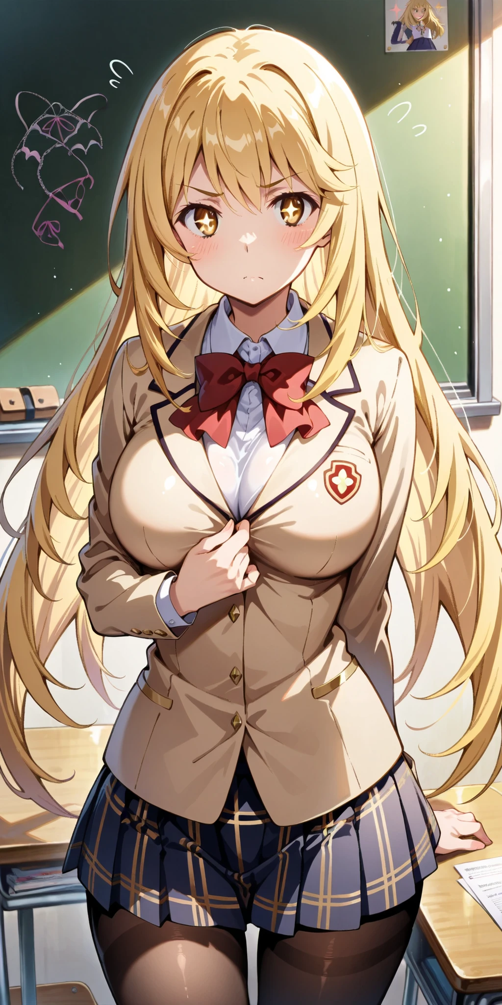 high resolution picture, masterpiece, best quality, amaging quality,
break,Syokuhou Misaki(a certain magical index),siitake eyes,blond hair,break
((School uniform)、mini skirt,black high tights、zettairyouiki、Cowboy Shot、School、classroom、Dutch angle、