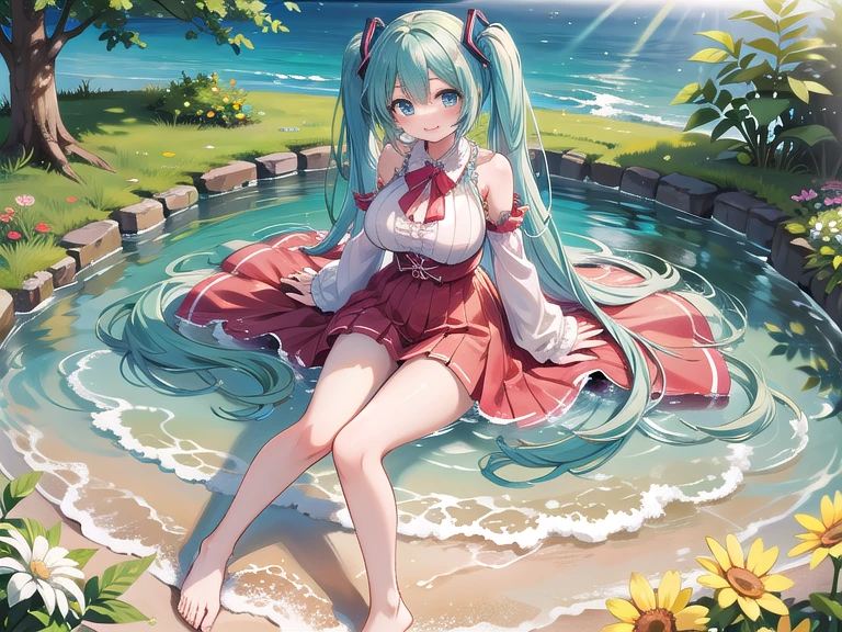 ((Look up)), (((Highest quality、masterpiece、Ultra-fine、Ultra-fine、Green Hair,Exquisite、16K、Full HD、Asahi、Top-down angle,hatsune miku,))), ((buzzer,Private Server,Look up while blocking the sun with your hands)))Blue eyes、Long eyelashes、White skin、(Pale pink lips、Pale pink cheeks、thin and long)、 (((cute,The best smile)), ((one person)) 、(blue sky)) 、 (Be lured by the cool murmuring of the river and dip your feet in the clear water.)、