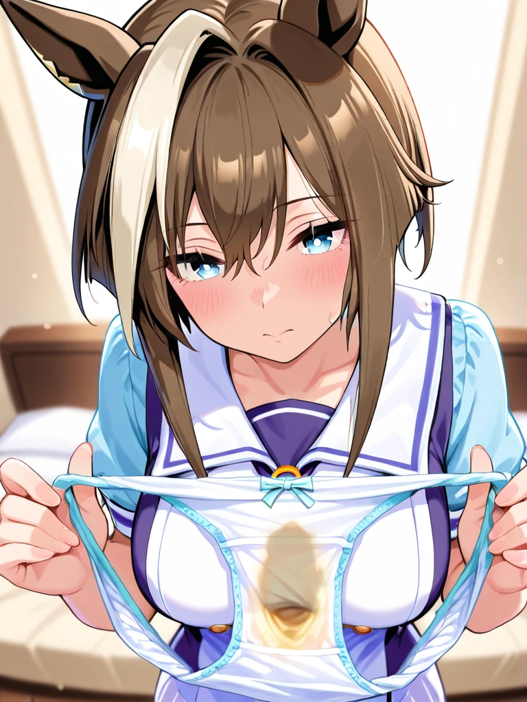 (yellow shirt, yellow skirt:1.2), highest quality,High resolution,perfect eyes,1 girl, alone, Mafuyu Hoshikawa, maid, maid headdress, waist apron, , short sleeve, white gloves, :d,((cum in pussy)),(((bottomless))),(orgasm),,(pussy),(Cafe),(((topless))),nsfw,((bare breasts)),flat chest,((cum on chest)),be confused
