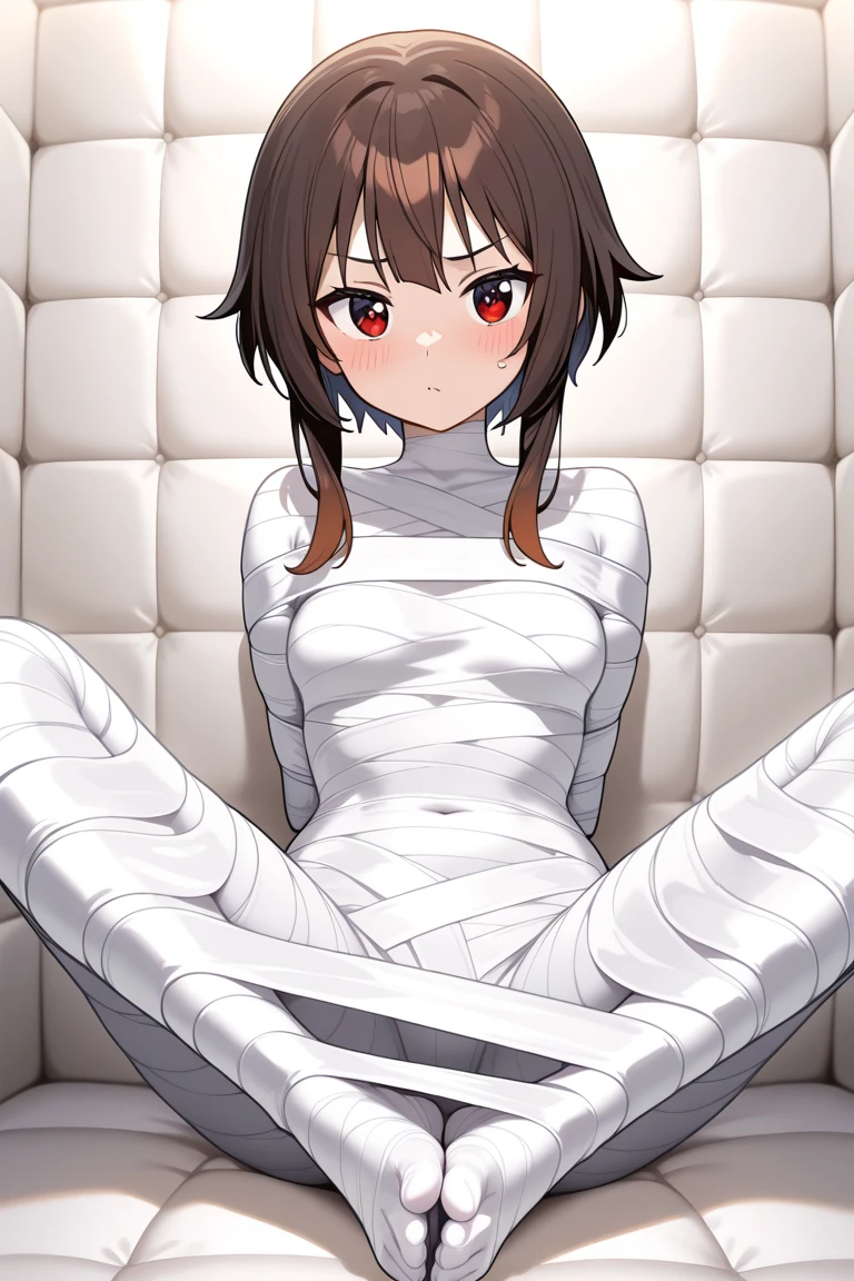 1girl,Spider weaves a net on a girl, very realistic, very detailed,bed,stretched, dark cave, struggle in the net,brown haired, very long sheer skirt,lying down,(blindfold:1.4),