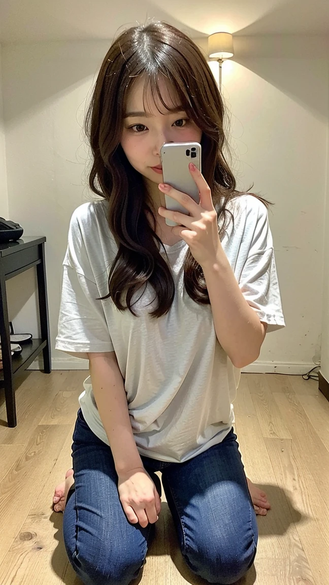 arafed woman taking a selfie in a mirror with a cell phone, ulzzang, heonhwa choe, pure white oversize t-shirt, jinyoung shin, chiho, gemma chen, xision wu, qifeng lin, xintong chen, profile pic, korean girl, jaeyeon nam, profile image, lulu chen, taejune kim