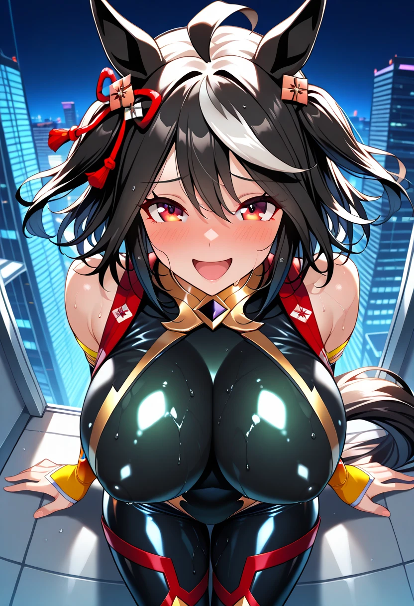 Anime illustration、highest quality、cyber punk、Voluptuous gravure idol、Perfect proportions、Dark-skinned Bunny Girl、Bunny ears、Luxury Casino、chandelier、Slot Machines、Giant roulette wheel、smile、Big Breasts、Thick legs、Cowboy Shot