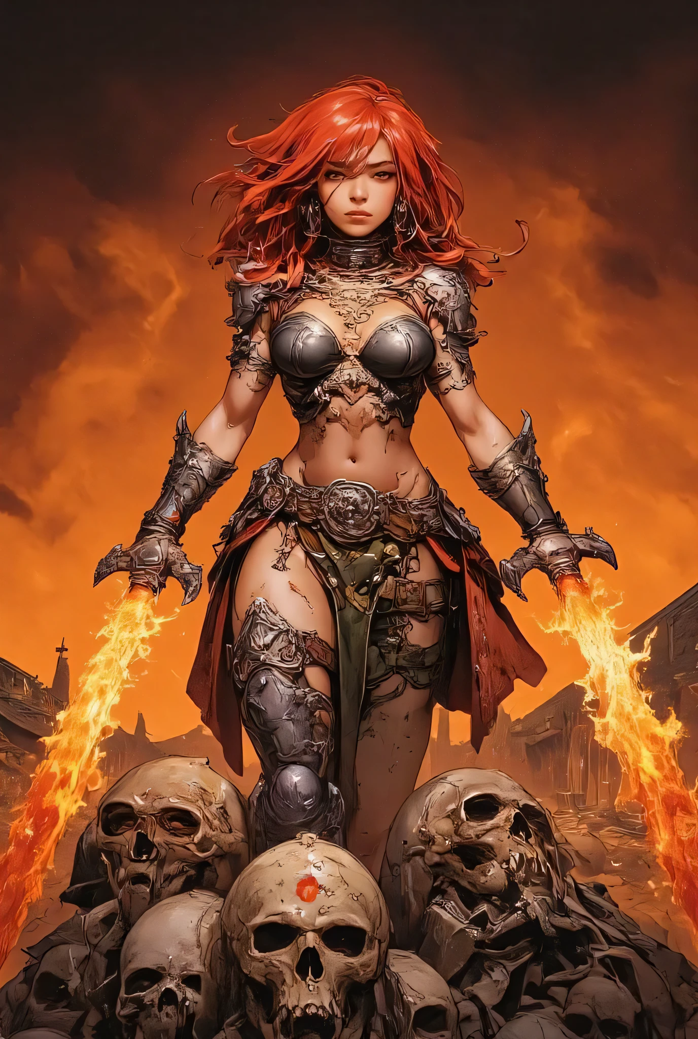 Detailed image of Red Sonja, standing on a pile of skulls, battlefield, burning village, rich deep colors.Sharp outlines, leather and chrome armour plating, Weilding a flaming sword in both hands. masterpiece . intricate artwork, black Leather knee high boots, buttons, very coherent symmetrical artwork, cinematic, hyper realism, high detail, octane render, unreal engine, 8k, vibrant colors, smooth gradients, high contrast, depth of field. full body character drawing, inspired by red sonja, clean ink detailed line drawing, intricate detail, extremely detailed. Inspired by Metal Hurlant