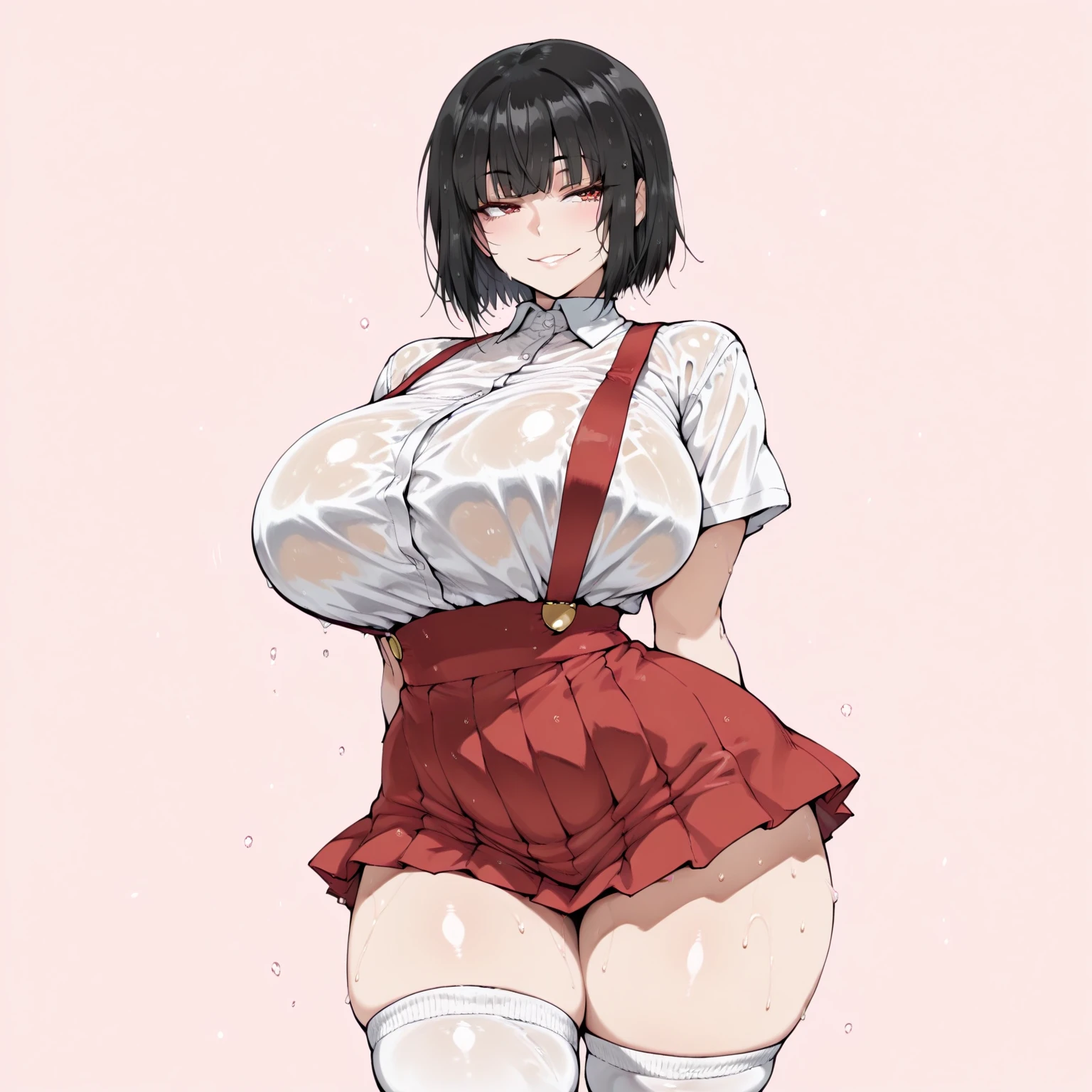 (masterpiece)、女の子1人、Parted lips、red blush、makeups、beautiful smiling face、A dark-haired、bobhair、red eyes、knit、Suit OL、thighs thighs thighs thighs、Constricted waist、Calm autumn sky