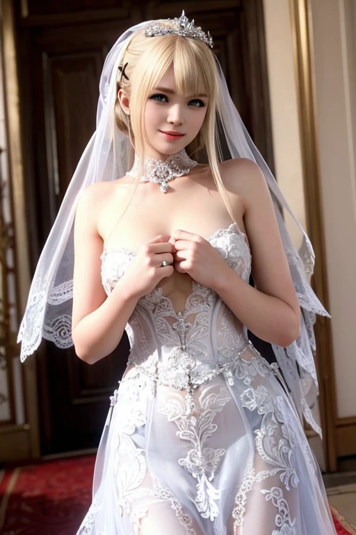 1girl, (Blue Eyes), (smiling :1.2), (Sana Minatozaki), (beautiful makeup), wide hips, (big tits), (big ass), thin waist, thick thighs, toned legs, muscle, (Best Quality, 8k, Masterpiece: 1.3), Clear Focus: 1.2, Perfect Body Beauty: 1.4, strong abs, Highly detailed face and skin texture, detailed eyes, double eyelids, (shiny skin :1.2), (blond long hair :1.2), (cleavage white lace bodysuit :1.2), (Veil :1.2), (white stocking :1.1), squatting, open legs :1.3, in a living room, surrounded by flowers