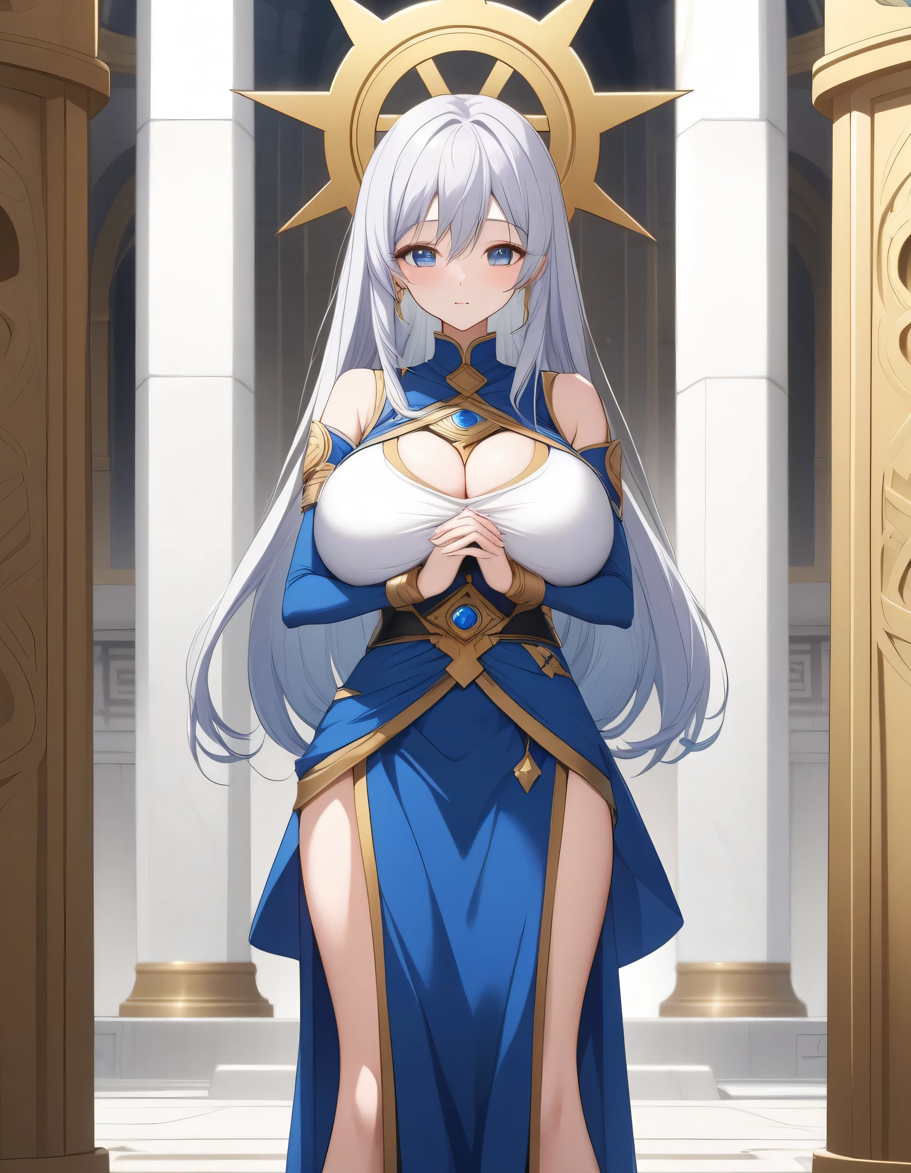 Lian, long blonde hair, hair stick, bangs, blue eyes, solo, smiling, standing, upper body, hips, bare shoulders,purple thighhighs, white dress, gold jewelry,armor,gloves,circlet, cleavage, red and gold royal castle, gigantic breasts, (best quality, masterpiece, beautiful and aesthetic:1.2, highest detailed face, perfect face,) eyes, perfect face,expressive eyes,
looking at viewer, in the center of the image,(Upper_body),(Focus on her face),
official art,extremely detailed CG unity 8k wallpaper, perfect lighting,Colorful, Bright_Front_face_Lighting,shiny skin,
(masterpiece:1.0),(best_quality:1.0), ultra high res,4K,ultra-detailed