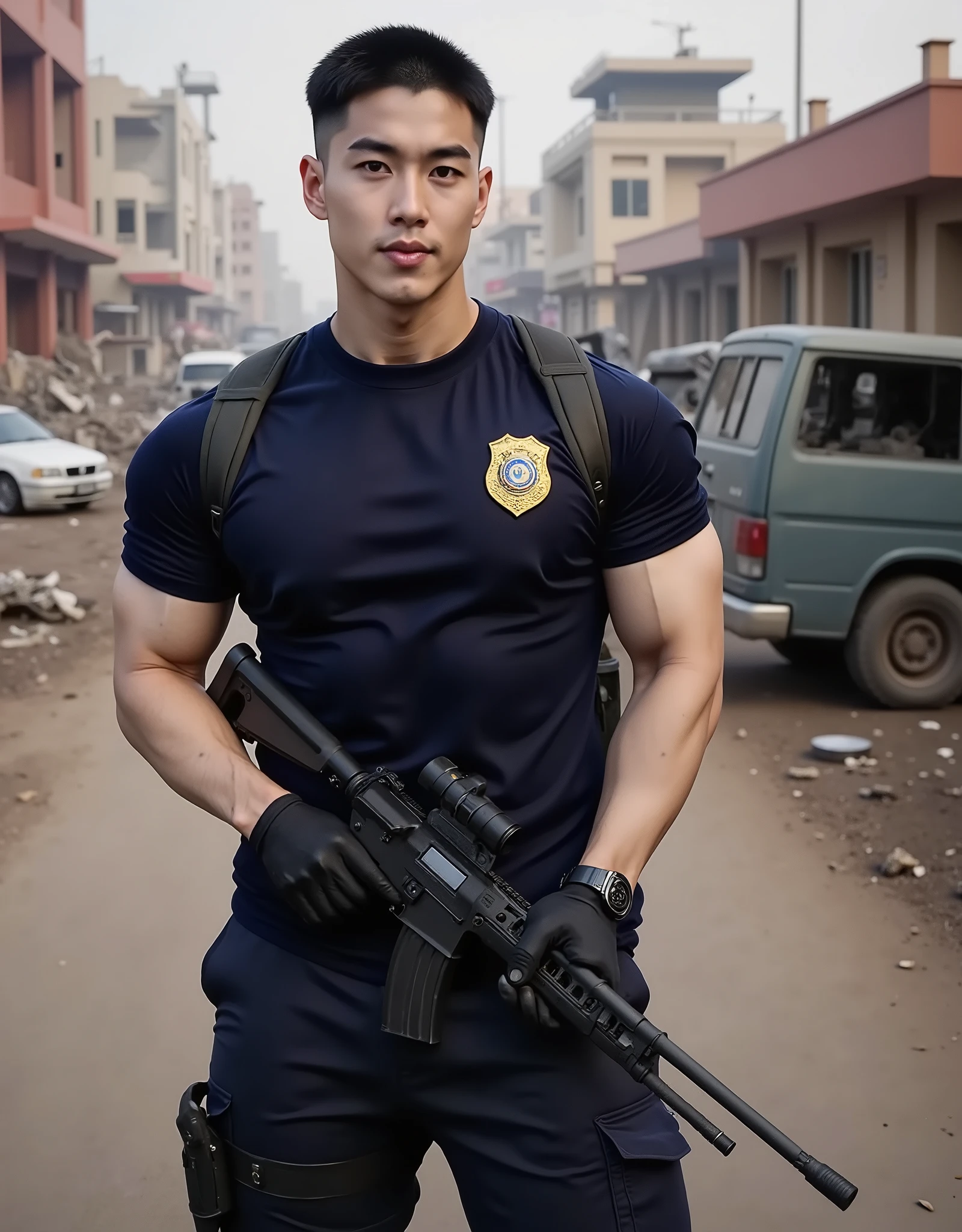 [CHARACTER: Handsome Korean Man] A handsome Korean man with soft but defined facial features — youthful, athletic, and stylish. His hairstyle is a clean skinfade cut. He wears a navy t-shirt with a visible police badge shield, paired with navy pants that include a single knee pad. He also wears black gloves and carries a backpack. In his hands, he confidently holds a long gun, ready and alert.

[SCENE] Location: A chaotic, war-torn city street that has just experienced civil unrest. The background features wrecked vehicles along the roadside, scattered trash and debris littering the pavement, and damaged urban structures. The atmosphere is tense but empty — no other people are present besides the main character.

[CAMERA] Full-body or ¾ portrait shot from eye level or a slightly low side angle. Ensure full head and posture are in frame. Shallow depth of field (~15–20%) for soft background focus.

[STYLE] Hyper-realistic, photorealism, 8K detail. Lighting: Moody natural daylight, possibly slightly overcast or late in the day to match the aftermath setting, casting deep shadows and gritty tones over the scene.

[MODIFIERS] Holding a long gun with both hands. Realistic dirt, sweat, and tension visible on skin and clothing. Visible badge and police-style gear. Emphasis on a lifelike tactical presence in an urban disaster environment. No filters or stylized effects — grounded, cinematic atmosphere with post-chaos realism.