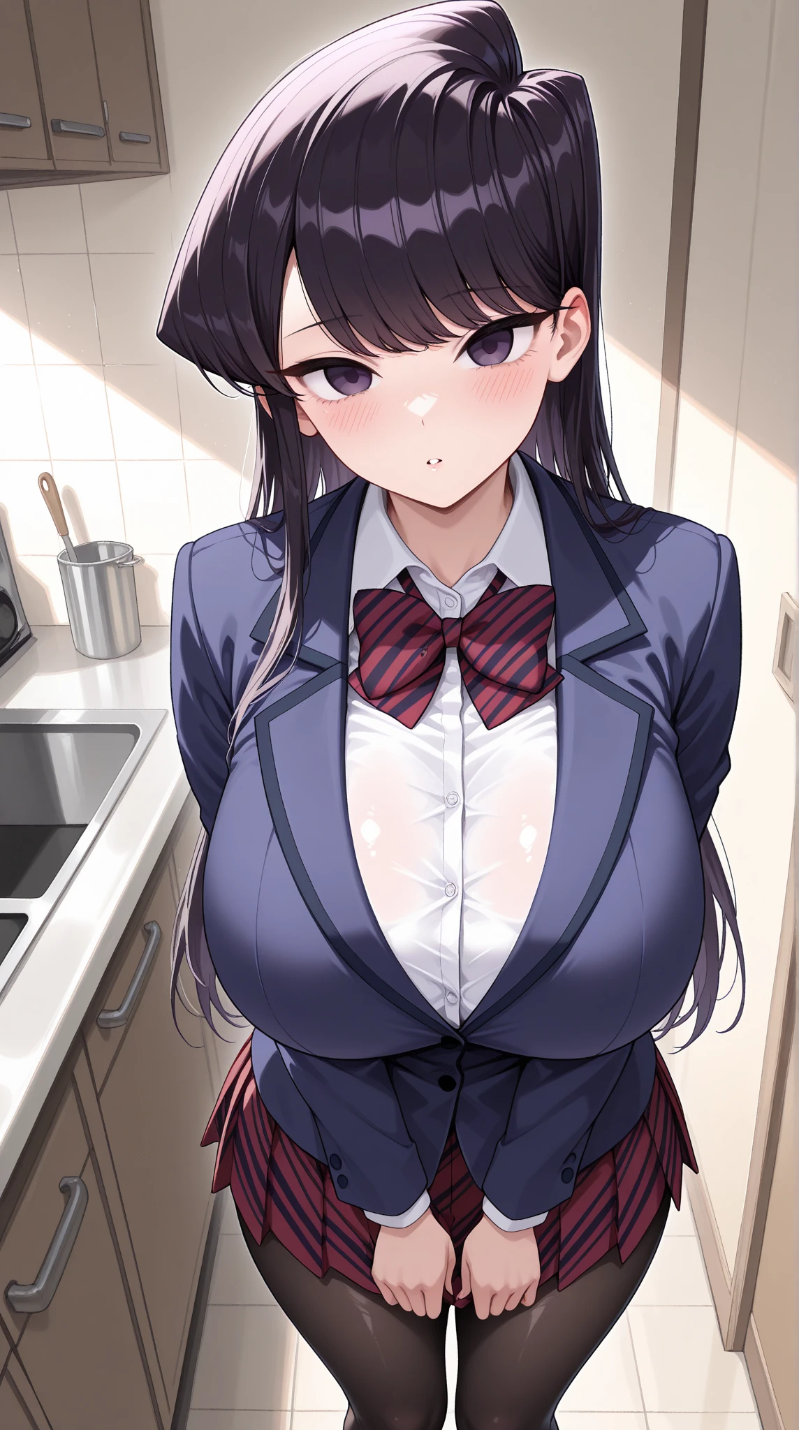 1girl in, Parted lips, blush, makeup, lightsmile, School uniform, Full body, Wide Angle, From  above , classroom, light rays, Glow, thighs thighs thighs thighs , 鎖骨, Narrow waist , ( masterpiece ) , huge breasts , sexy skirt ,  stockings, high heels , brunette , sexy pose , mature tall girl