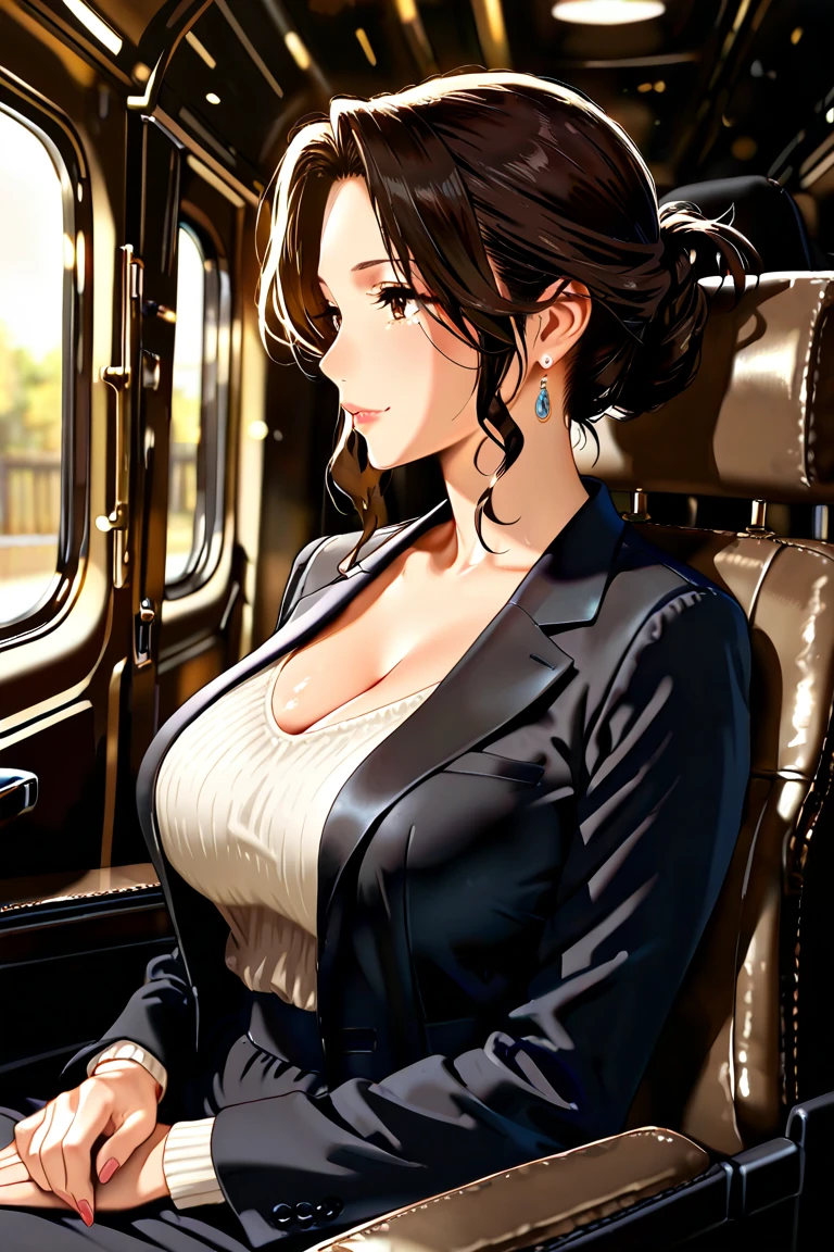 Lucy Piddle, Face portrait, ((The makeup is very thick)), ((Bright lipstick)), Smiling, ((cosmetics)), ((heavy  makeups)), Short hair details, Brown hair, sexy women, button- shirt , white  shirt, black dress pants, ((Very fat woman)), Lop, sitting on a bus，Full body photo