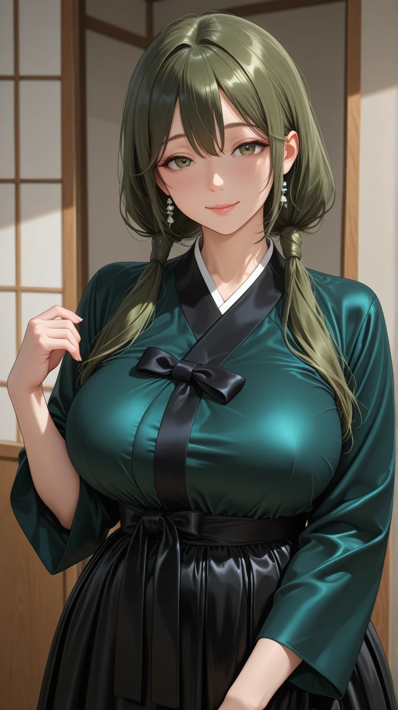 masterpiece, best quality, a sexy lady is showing off her breasts in a black and gold kimono, 1girl, full body, solo, japanese clothes, kimono, breasts, bra, underwear, bare shoulder, cleavage, erotic smile, hair ornament, hair bun, sexy female teacher, school nurse, long hair, green hair, right hair over one eye, long-slitted and narrow eyes, slender face, medium breasts, slender woman, beautiful tits, beautiful ass