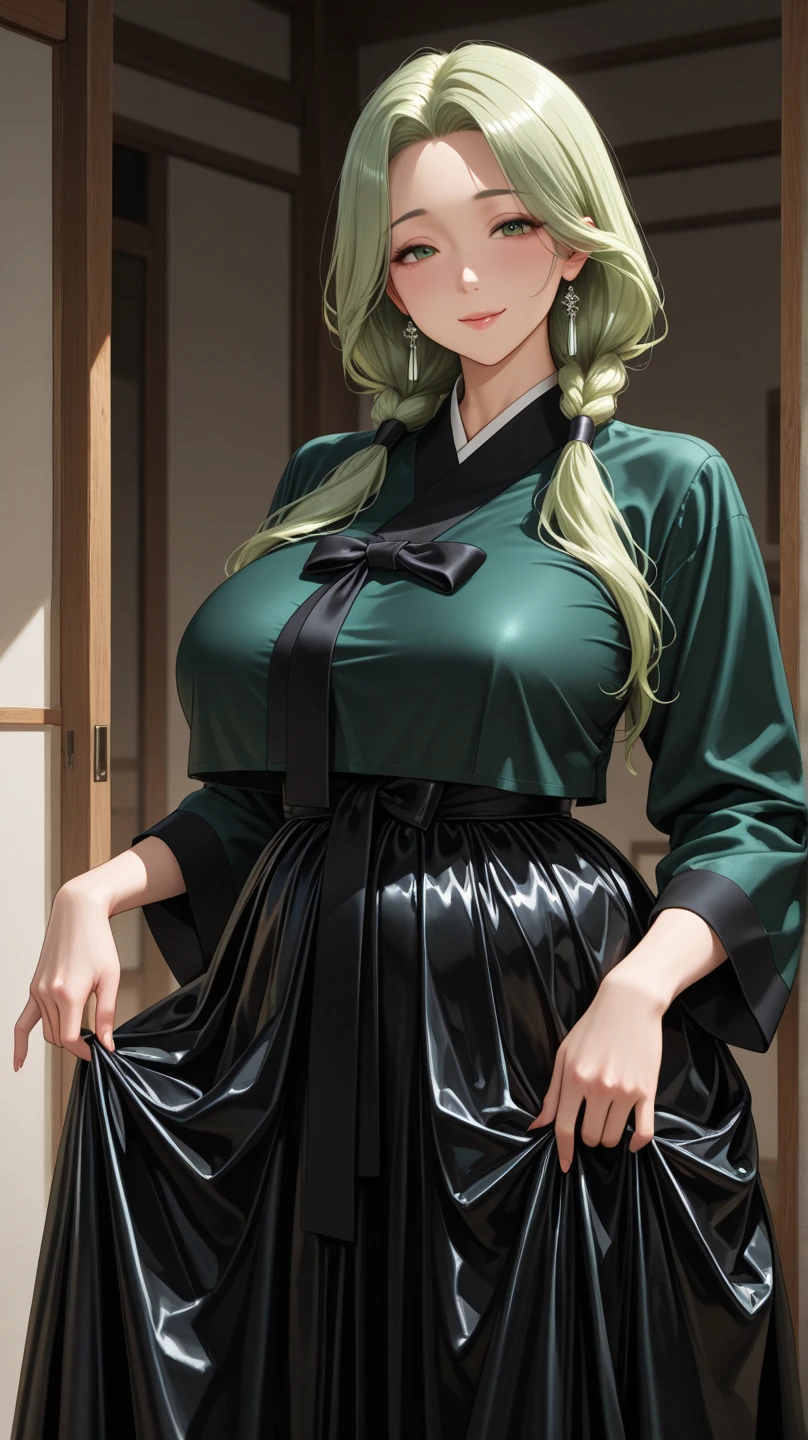 woman, white kimono top, bright green pleated skirt, crimson hairs, high ponytail, sultry blue eyes, seductive smile, huge chest, cleavage, japanese house hallway in background