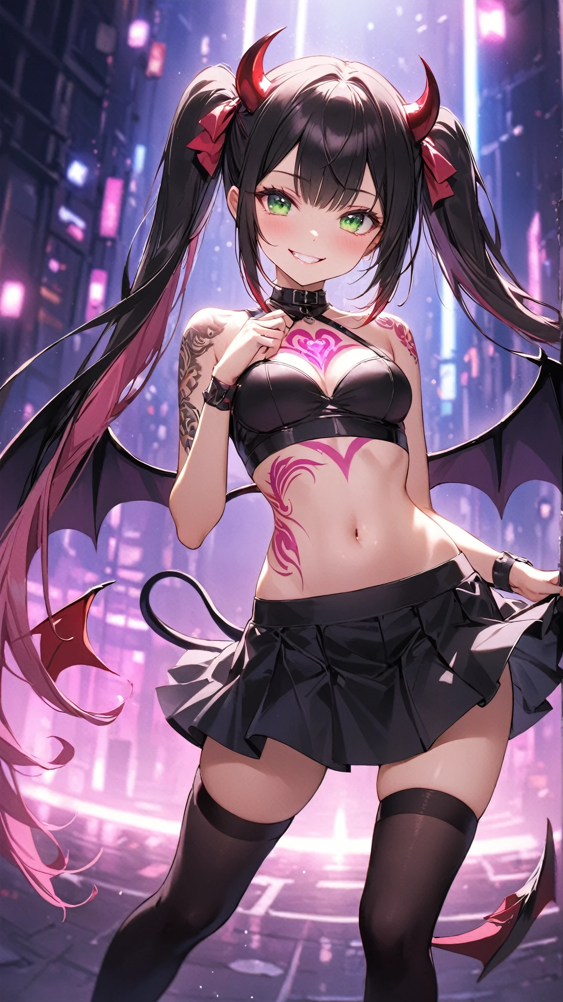 girl, long dark brown hair, no bangs, blue eyes, gothic, laughing, fangs, black bra, black and pink demon wings, sitting in gaming chair, neon pink bedroom, black and pink horns, gaming, fangs high res, ultrasharp, 8K, masterpiece, looking at viewer