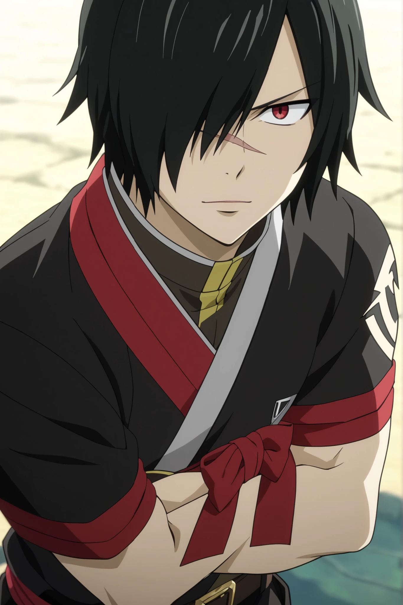 score_9, score_8_up, score_7_up, official art style, intricate details, anime screencap, depth of field, 1boy, solo, male focus, rogue_cheney, black hair, red eyes, hair over one eye, scar, close-up, ((black kimono with red and gold details, short sleeves, a thick waist belt, fitted black pants underneath, wrapped forearms, a katana on his back)), bright and innocent smile, joyful expression, looking slightly shy.