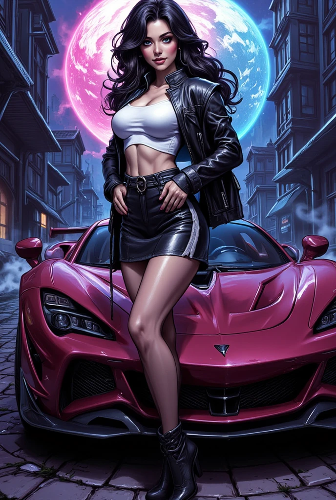 Arafed a picture of a mech cyberpunk female angel standing in at the street at night near her sports car, night, an  exquisite beautiful cyberpunk female angel  wearing dark dress, wearing ((intricate glamour pink evening dress: 1.3)), (white angelic wings: 1.2), spread angelic wings, halo over the head, small cleavage, wearing intricate diamond necklace,  wearing high heeled boots,   dynamic eye color, dynamic hair color, dynamic hair style,  standing near her (sports car: 1.3), cyberpunk street t background, full body shot, (Masterpiece: 1.5), Vibrant, Ultra-high resolution, High Contrast, masterpiece:1.2, highest quality, Best aesthetics), best details, best quality, highres, ultra wide angle, 16k, [ultra detailed], masterpiece, best quality, (extremely detailed), Mechanical Creatures