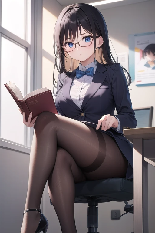 1girl, ((Blue Eyes)), Seductive face, small hips, thin, Clear Focus: 1.2, Perfect Body Beauty : 1.4, Slender Abs: 1.2, Wet Body: 1.5, Highly detailed face and skin texture, detailed eyes, double eyelids, long_brown_hair, long legs, pantyhose, Blazer uniform_brown, school shirt, plaid_skirt, tie_black, must wear black pantyhose tights: 1.8, squatting with legs wide open, pantyhose csmeltoe, holding books, pointy christian louboutin high heels