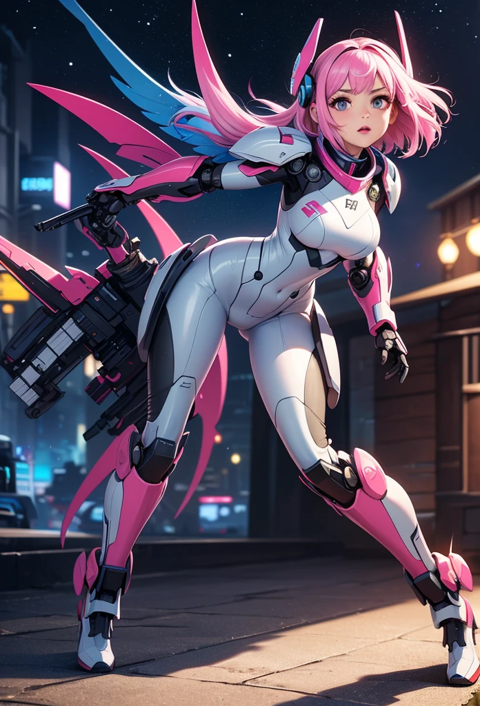Original Character, Volumetric Lighting, Best Shadows, Shallow Depth of Field, Portrait Of Stunningly Beautiful Girl, Petite, Delicate Beautiful Attractive Face With Alluring Pink Eyes, Dark Circles Under Eyes, Sharp Eyebrows, Expressionless, Closed Mouth, Lovely Medium Breasts, Layered Medium White Hair, Blush Eyeshadow, Thick Eyelashes, Cybernetic Metal Armorsuit, Prosthetic Cybernetic Legs, Futuristic, Side View of Hover Bike, Pink Cloud Skyline, Cyberpunk Motorcycle Repair Shop, Maintenance Toolkit, Slav Squatting, (Highest Quality, Amazing Details:1.25), (Solo:1.3), Pink Paintings