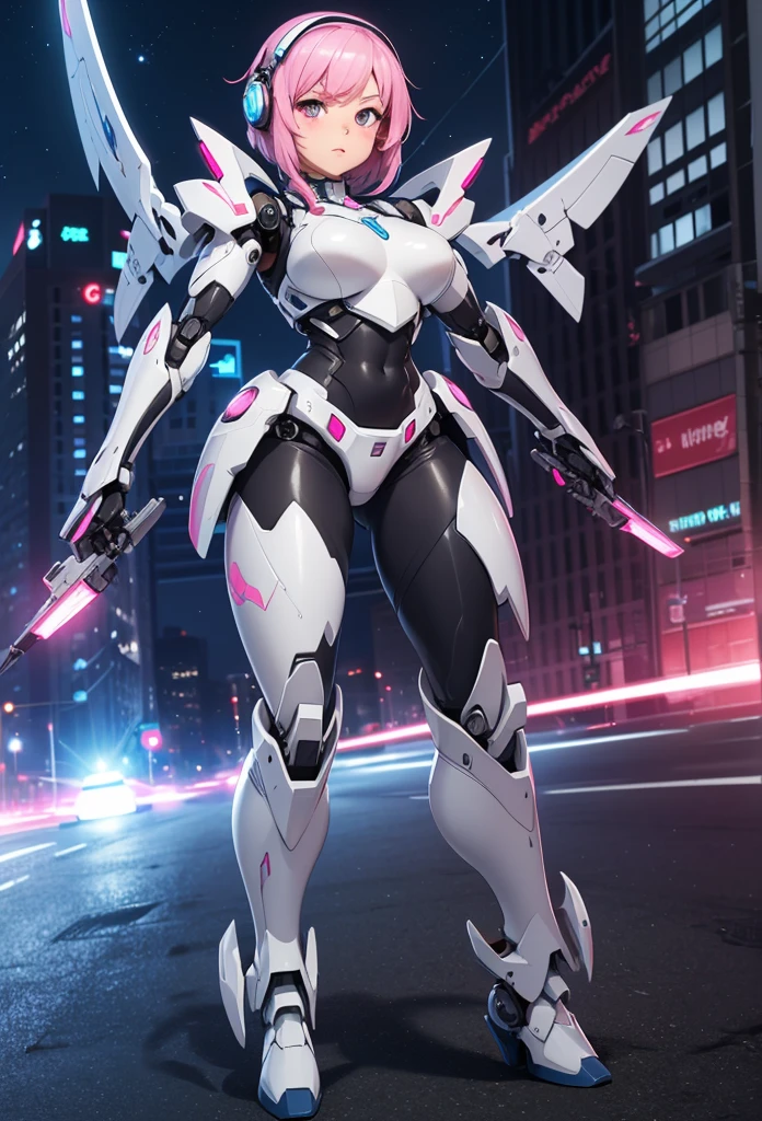 ((Works, best quality, quality)), smiling, excited, Mecha, ((beautiful woman)) in a robot suit standing in front of the city at night, woman wearing Mecha, mecha suit, navel