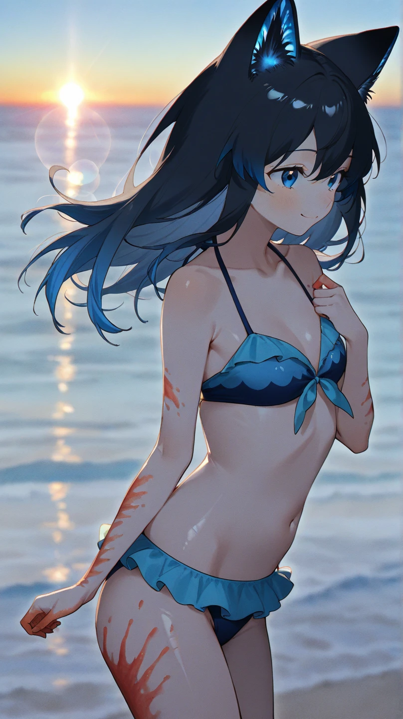 best quality, amazing quality, very aesthetic, absurdres, (1girl, aris, blue archive, solo, blue eyes), (realistic face:0.9),(string bikini:1.8), (grin, blush, thigh:1.3), (cowboy shot), (glowing eyes), (half closed eyes:0.9), (ass), (official art:1.3), (pool), expressive eyes, perfect face, extremely detailed eyes, perfect anatomy, smooth skin, (black background:1.5), clear eyes, beautiful face, small breasts, (anime style:1.7), (Warm Light:1.5), (highres:2), (Chiaroscuro),