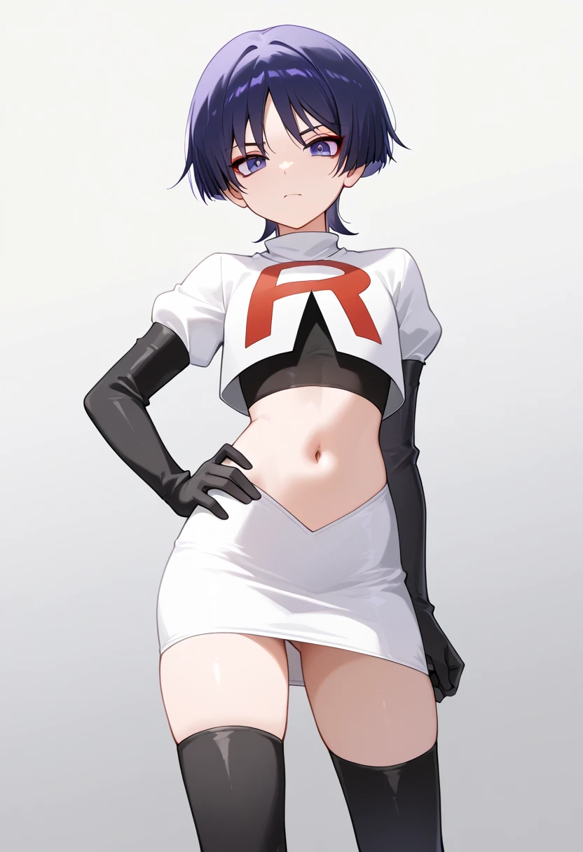 absurdres,masterpiece, trap, best quality, highres, high quality, 1boy, solo, male focus, hair, crossdressing,1boy,team rocket,team rocket uniform,white skirt,red letter R,crop top,black thigh-highs,black elbow gloves, embarrassed, blush